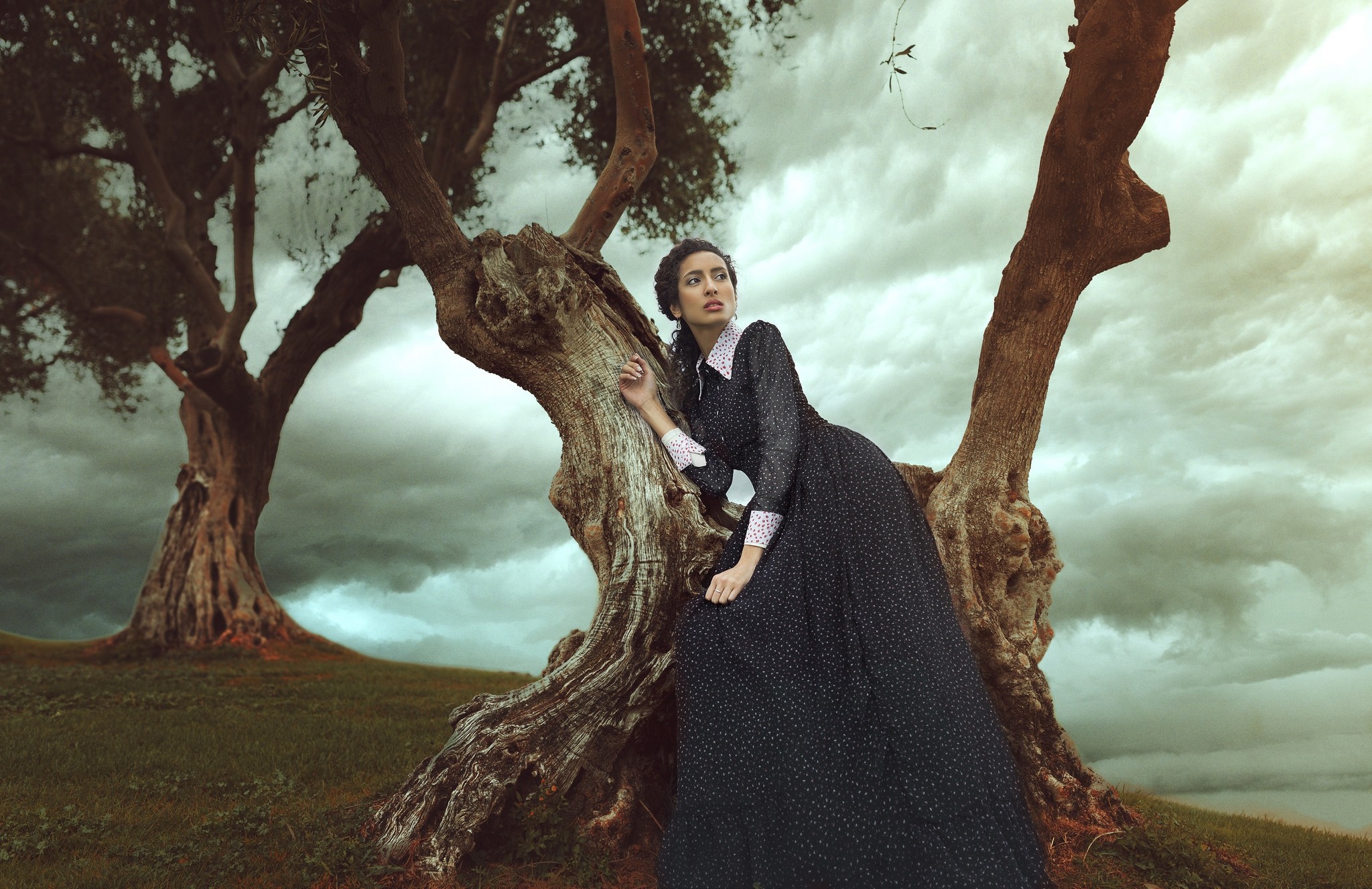 Woman in a dark dress leaning against a tree HD Wallpaper