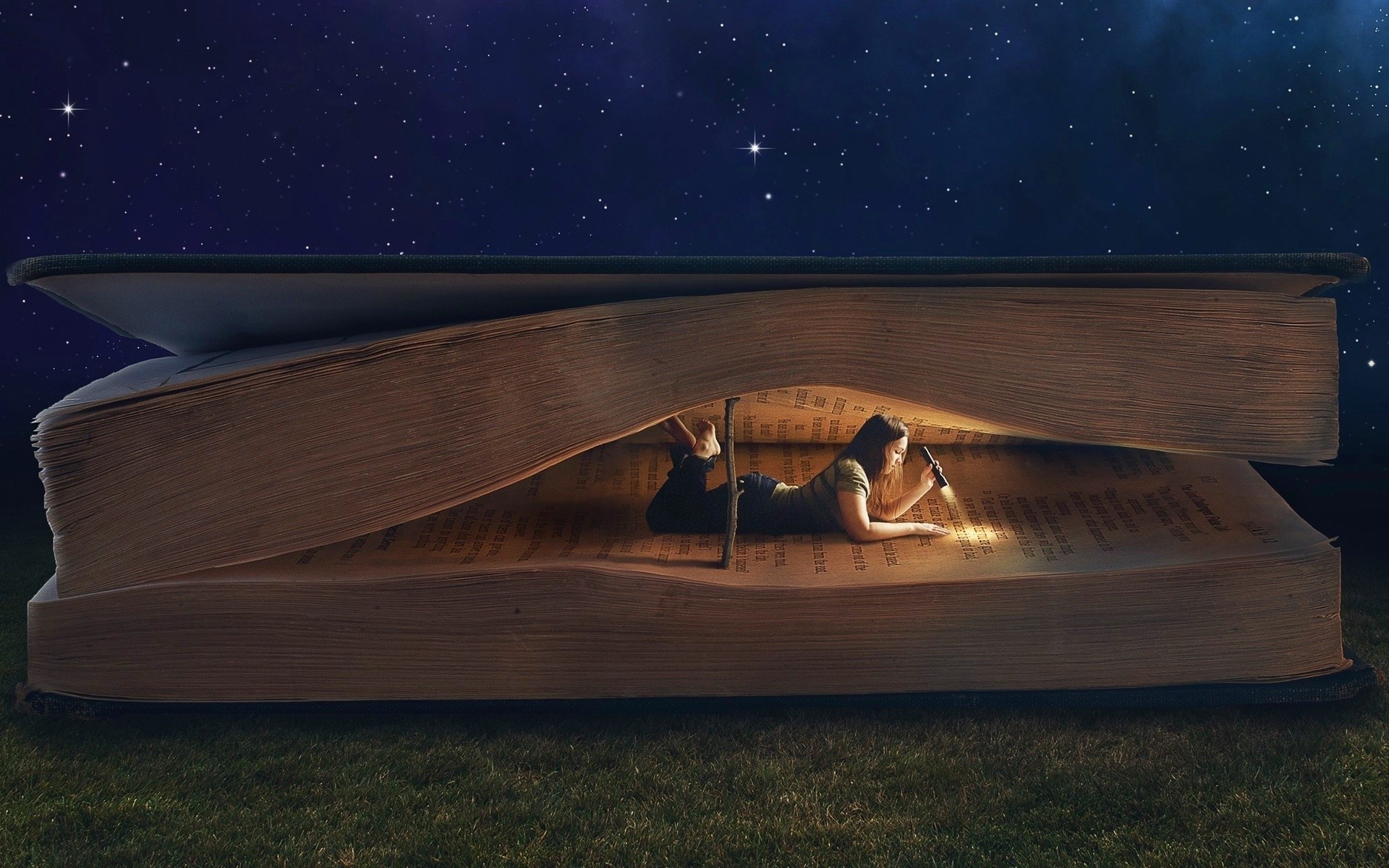Girl reading a giant book under the stars HD Wallpaper