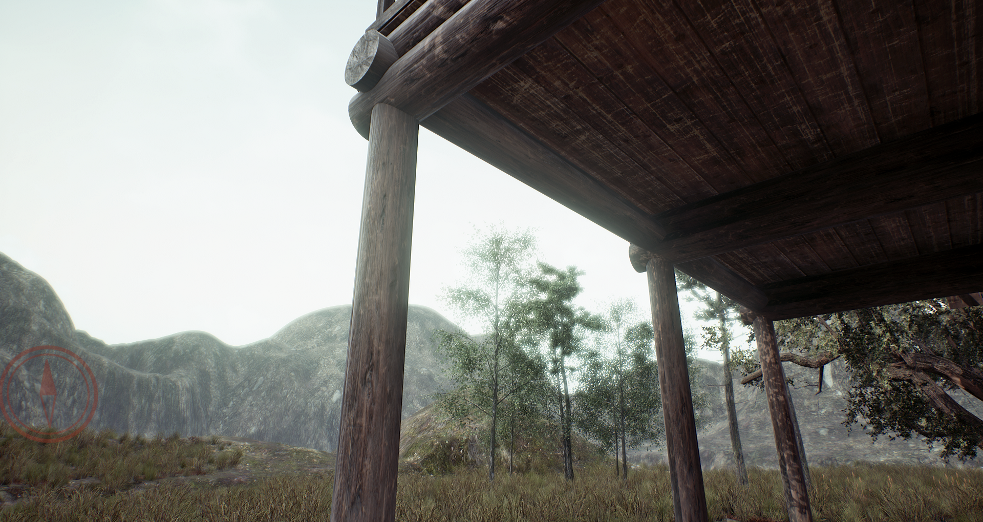 Wooden structure overlooking a mountainous landscape HD Wallpaper