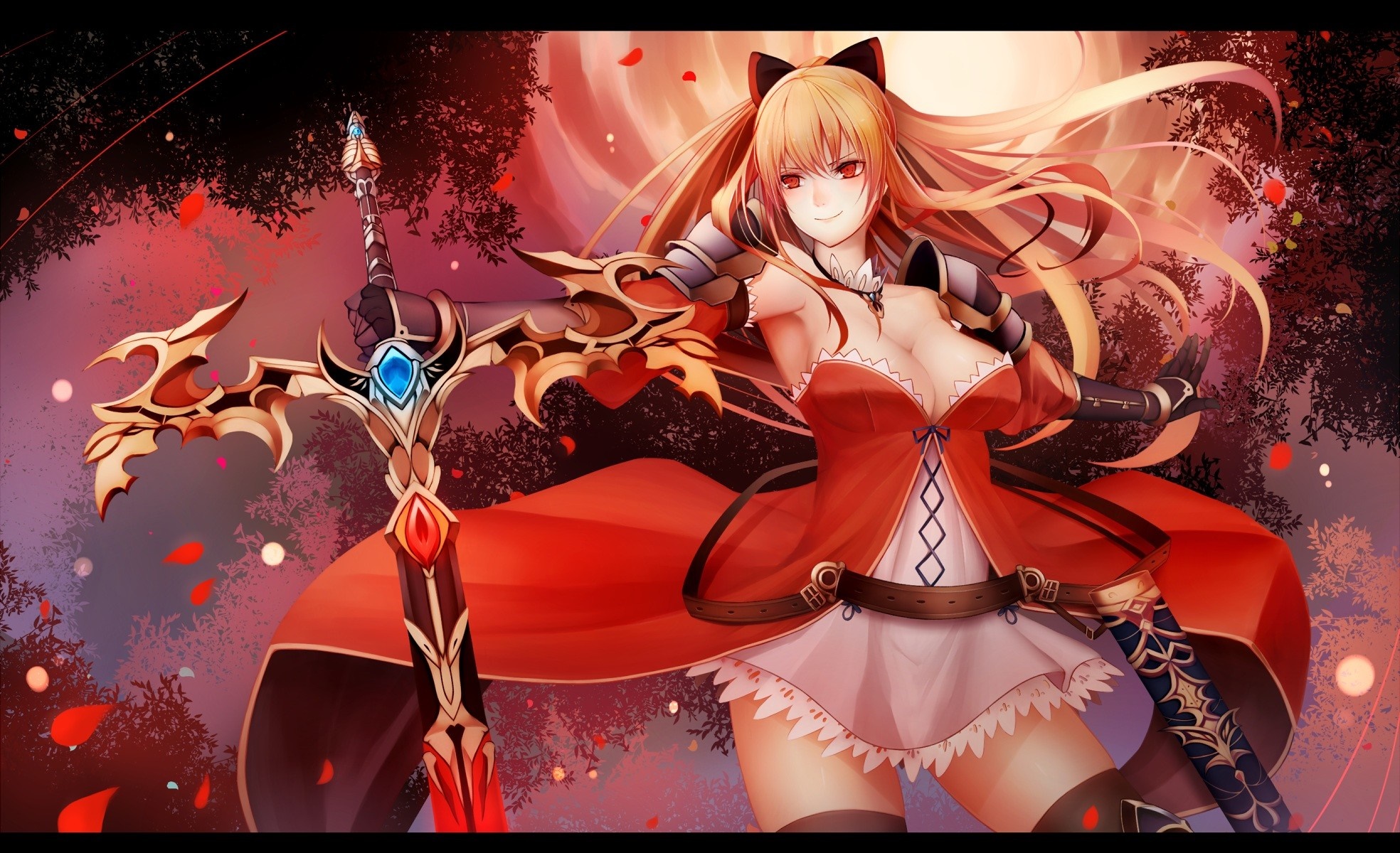Anime girl in red dress with sword HD Wallpaper