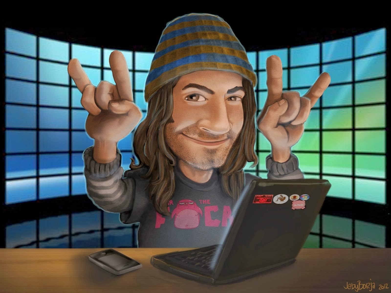 Cartoon of Chema Alonso with laptop and screens HD Wallpaper