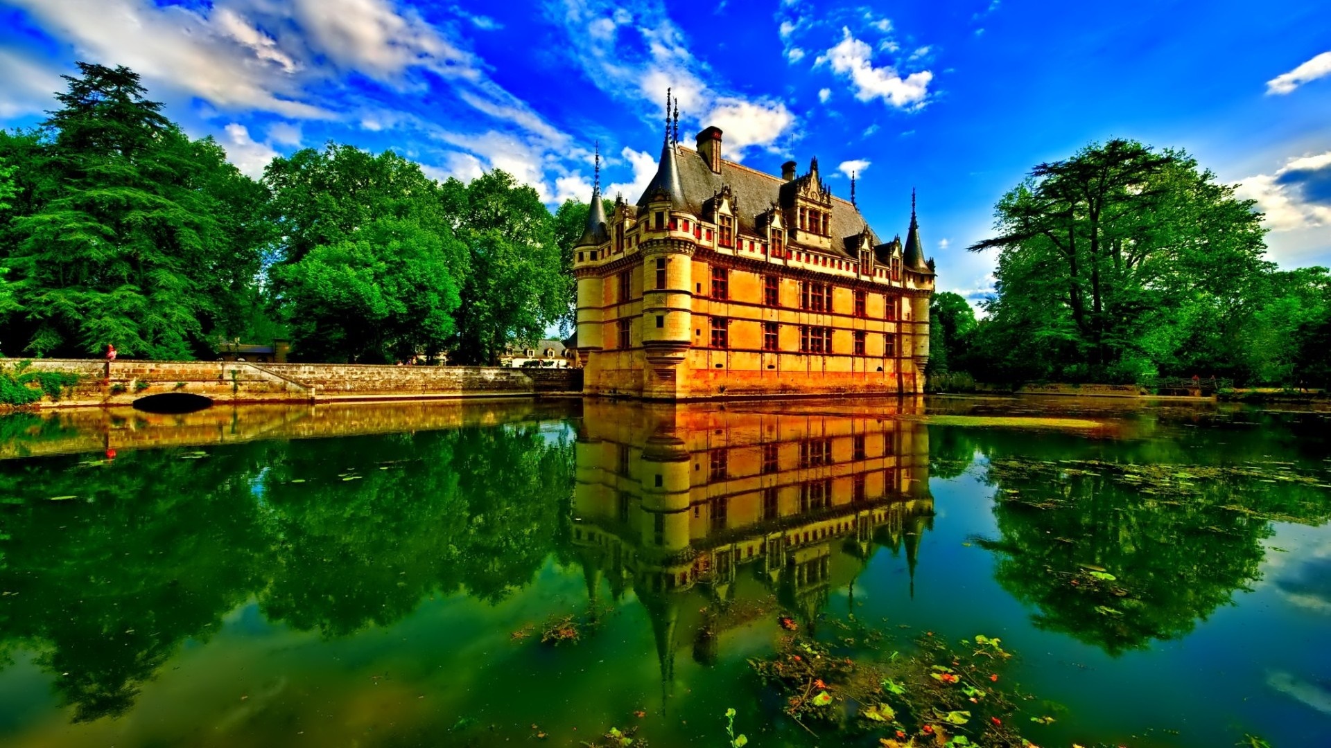 Chateau de Chillon on a lake with trees and clouds HD Wallpaper