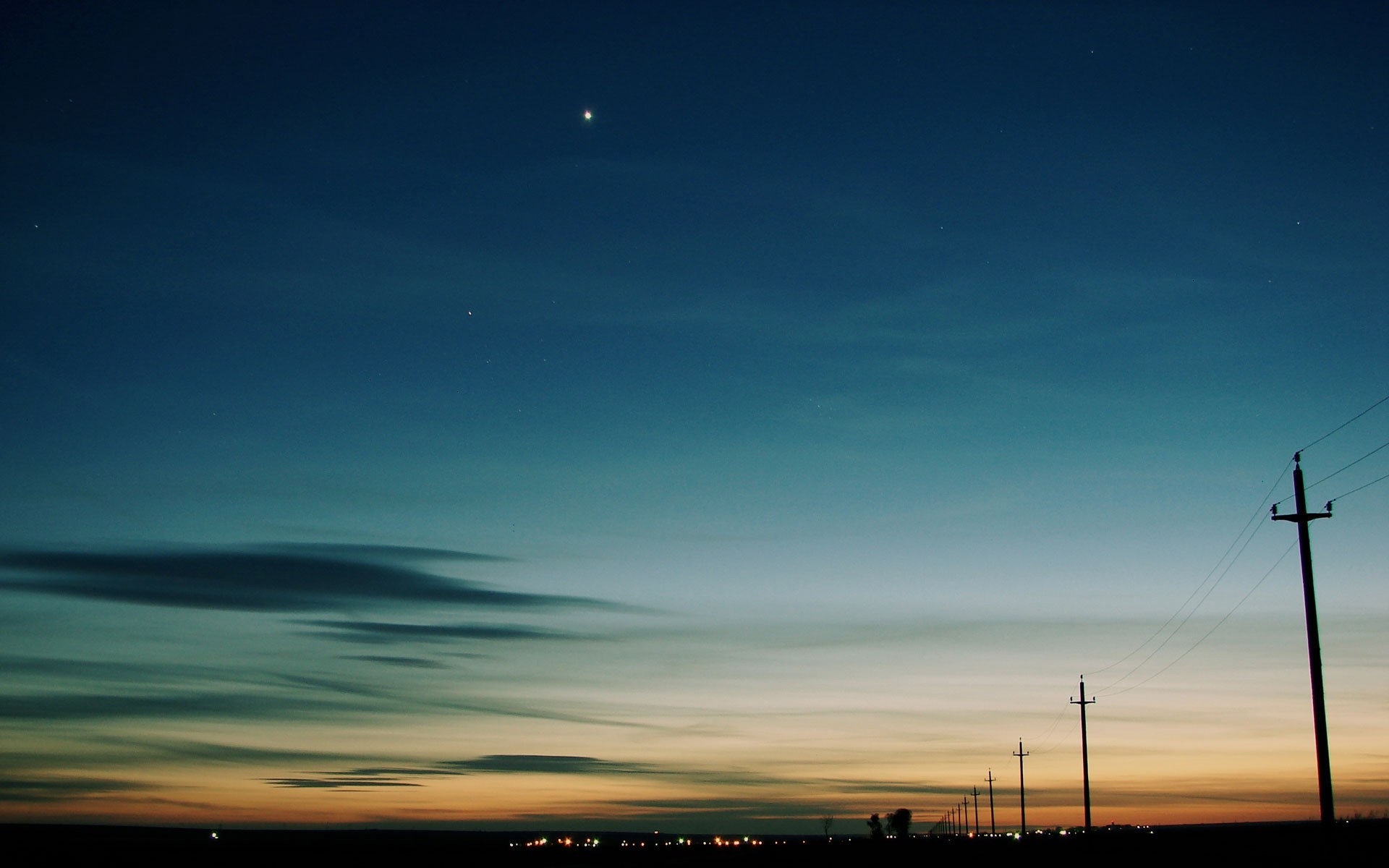 Twilight sky with stars and power lines HD Wallpaper