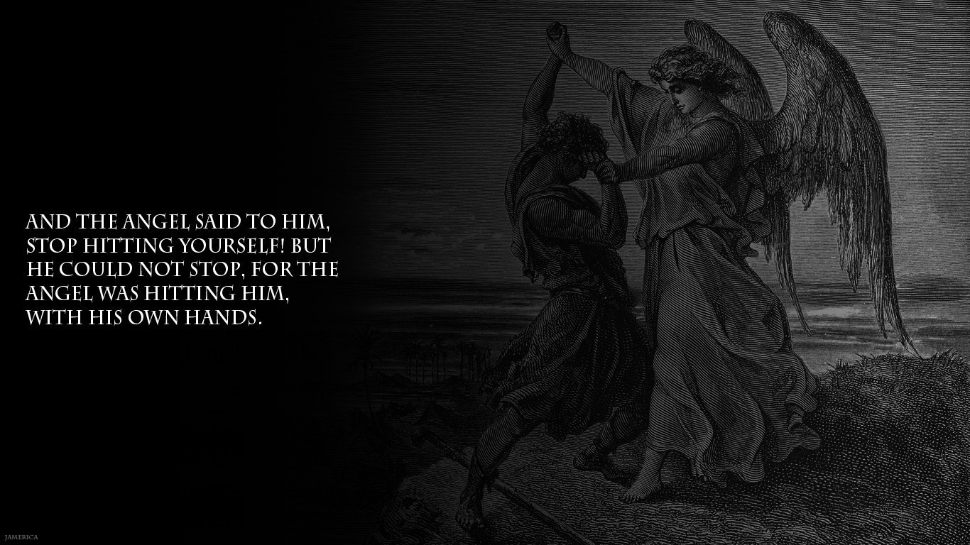 Angel fighting a man with text overlay HD Wallpaper