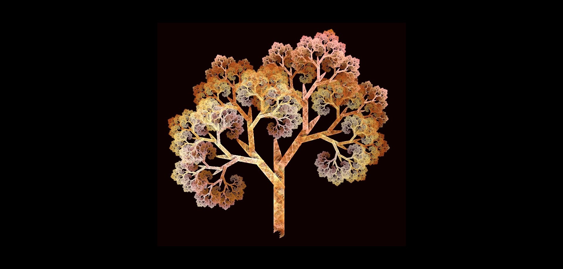 Fractal tree with gold and pink hues on black background HD Wallpaper