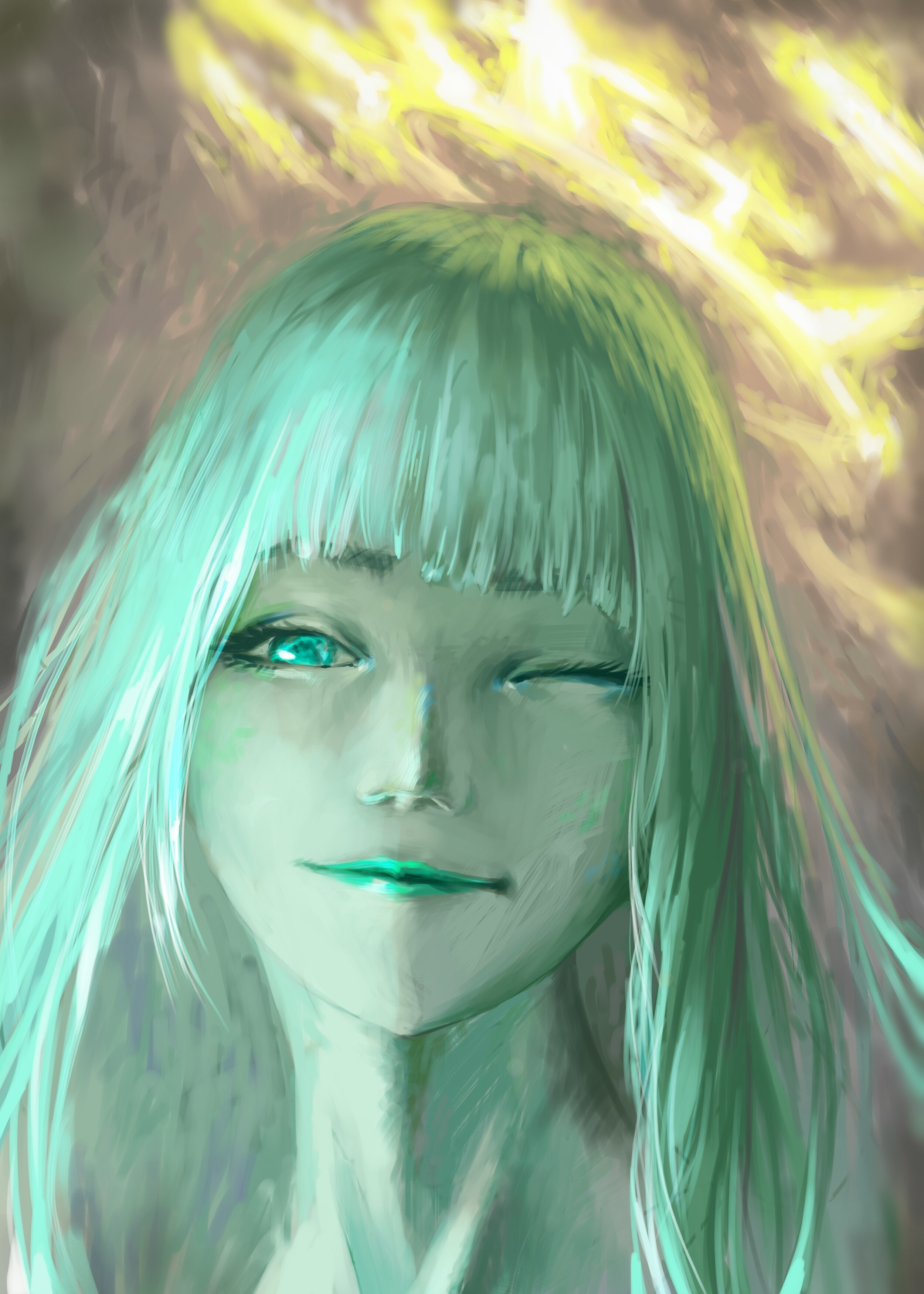 Anime girl with green hair and glowing halo HD Wallpaper
