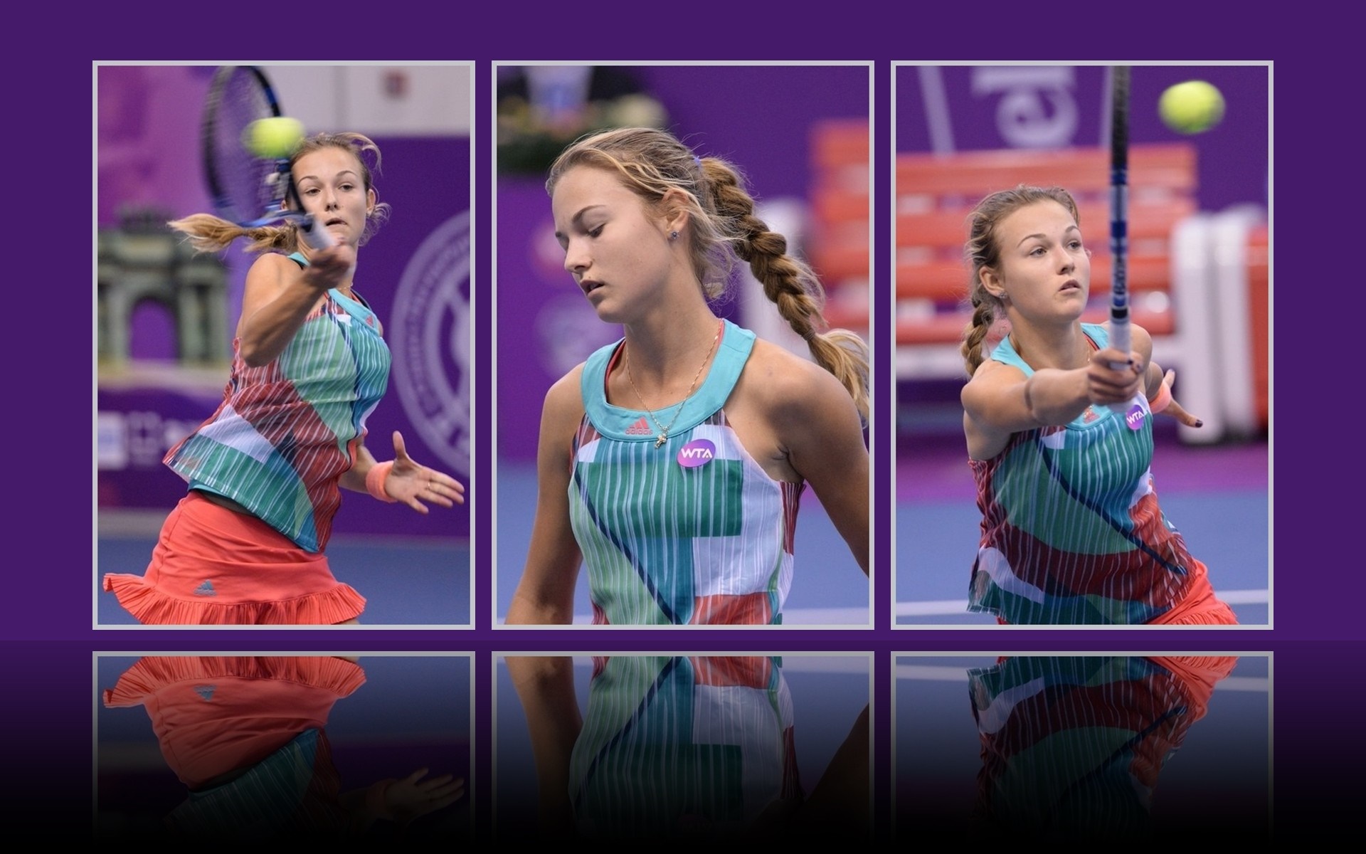 Anna Kalinskaya playing tennis in a collage HD Wallpaper