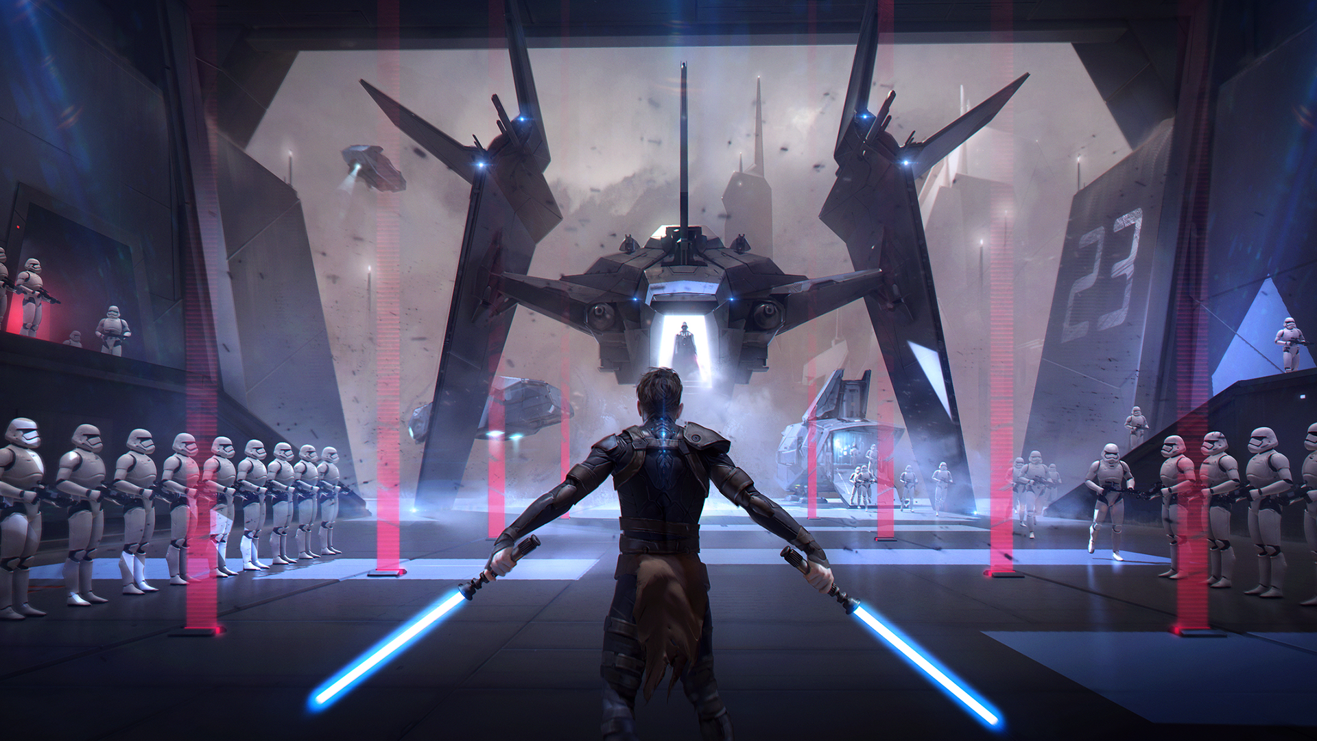 Star Wars scene with Jedi and Stormtroopers HD Wallpaper