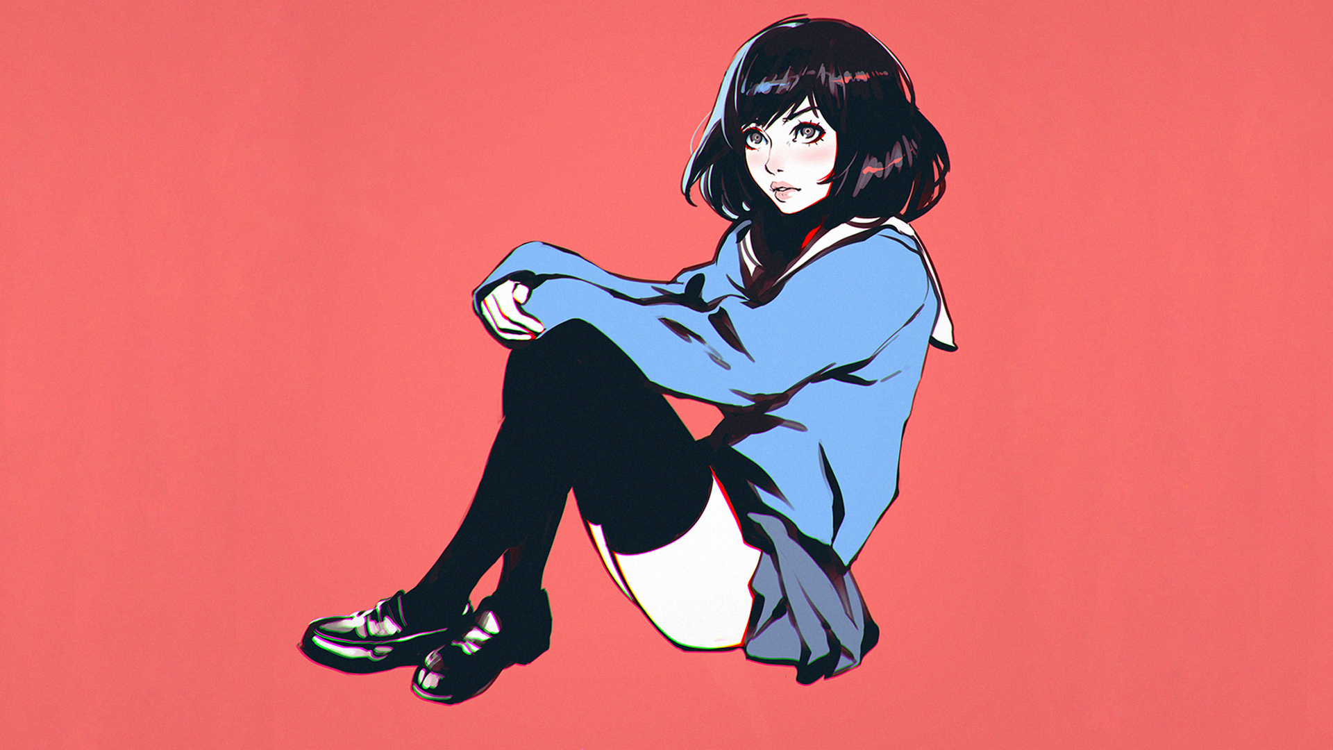 Anime girl in blue hoodie sitting on pink background HD Wallpaper