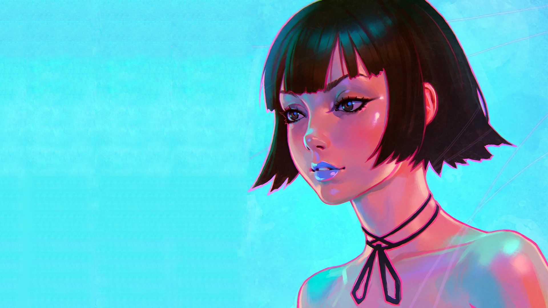 Girl with black bob haircut and blue lips HD Wallpaper