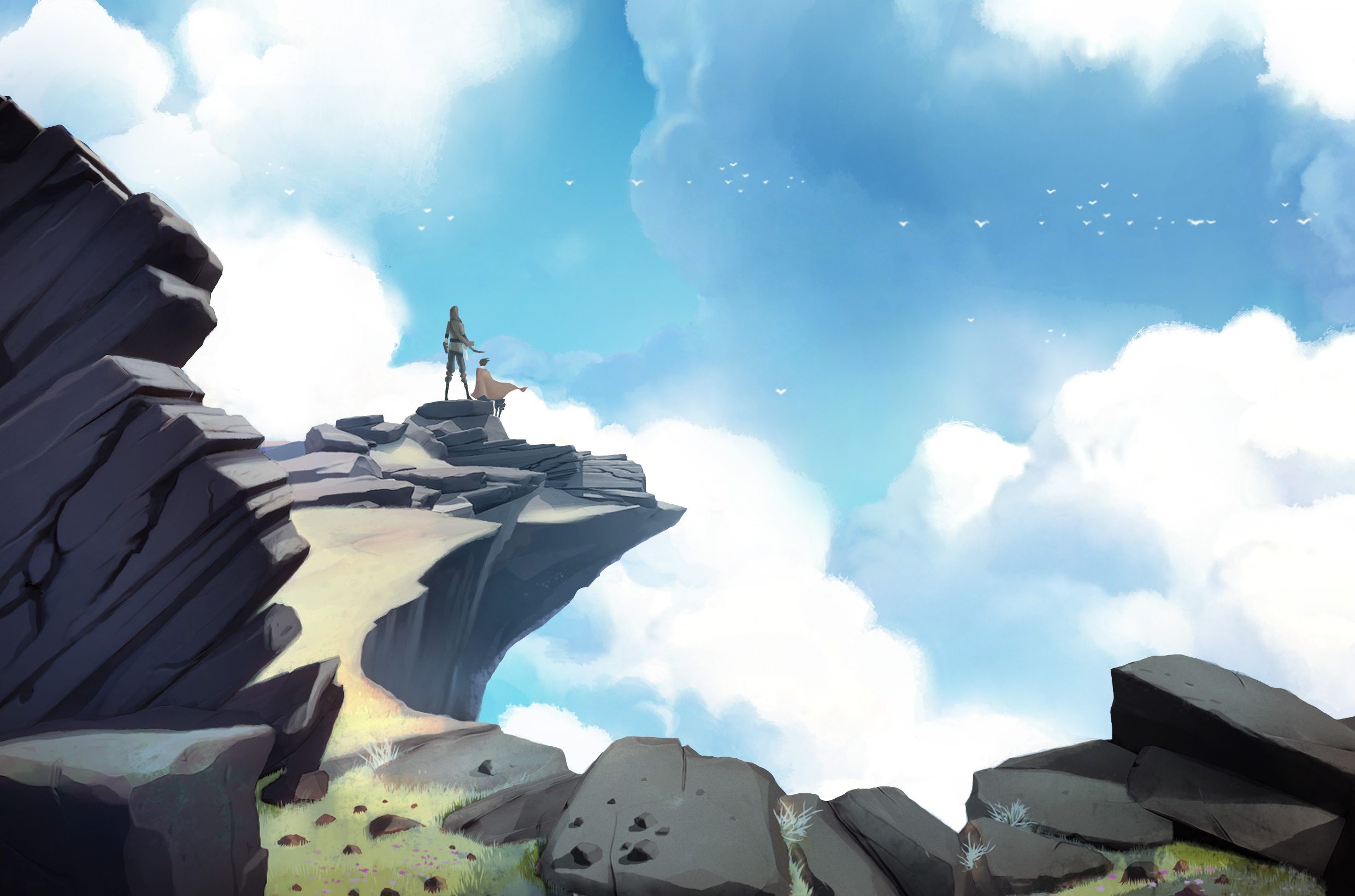 Two people on a rocky cliff overlooking clouds HD Wallpaper
