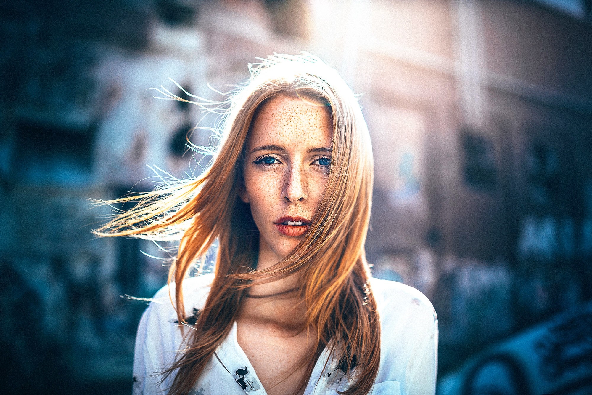Woman with red hair and freckles in portrait HD Wallpaper