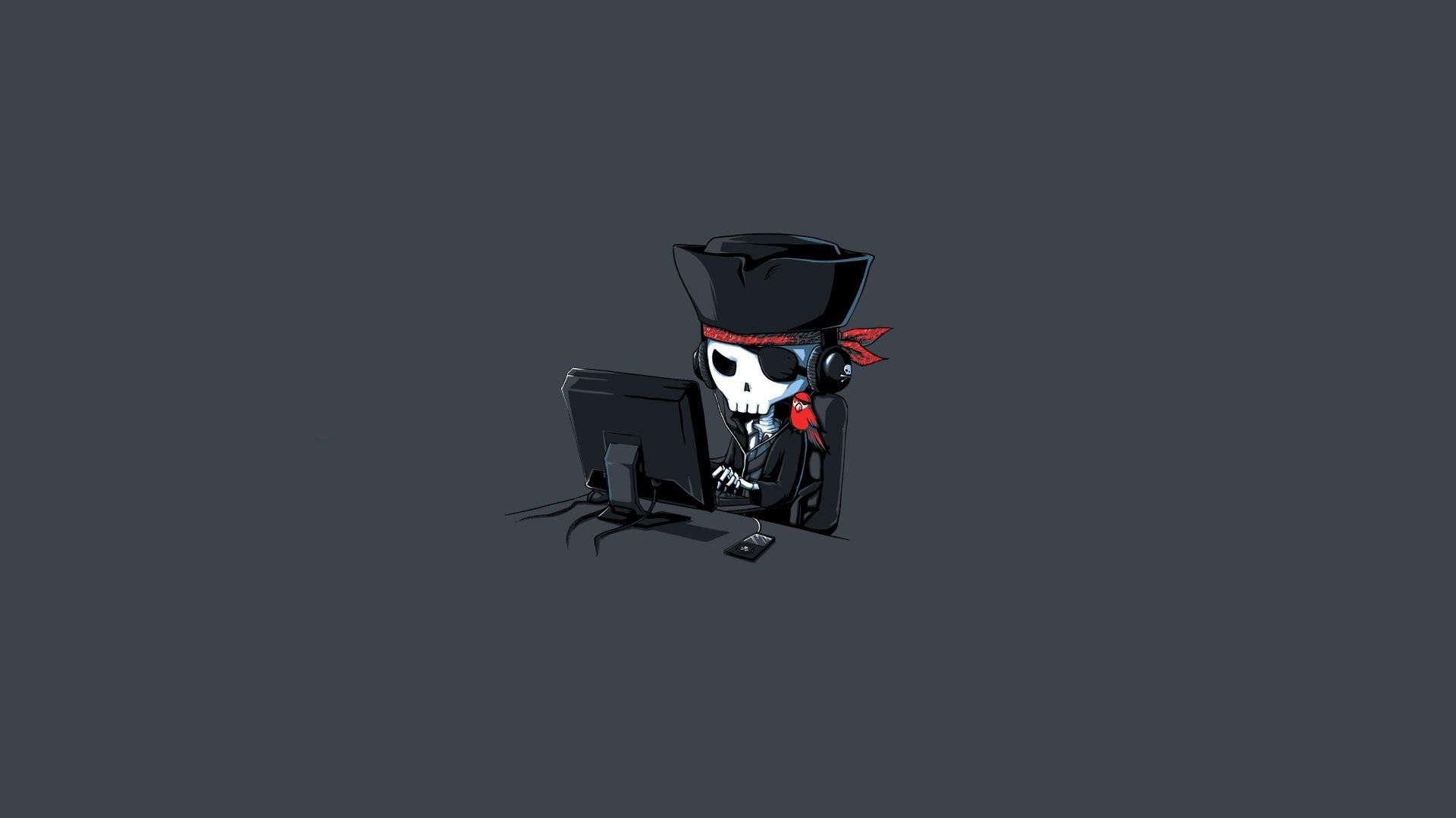 Skeleton pirate at computer HD Wallpaper