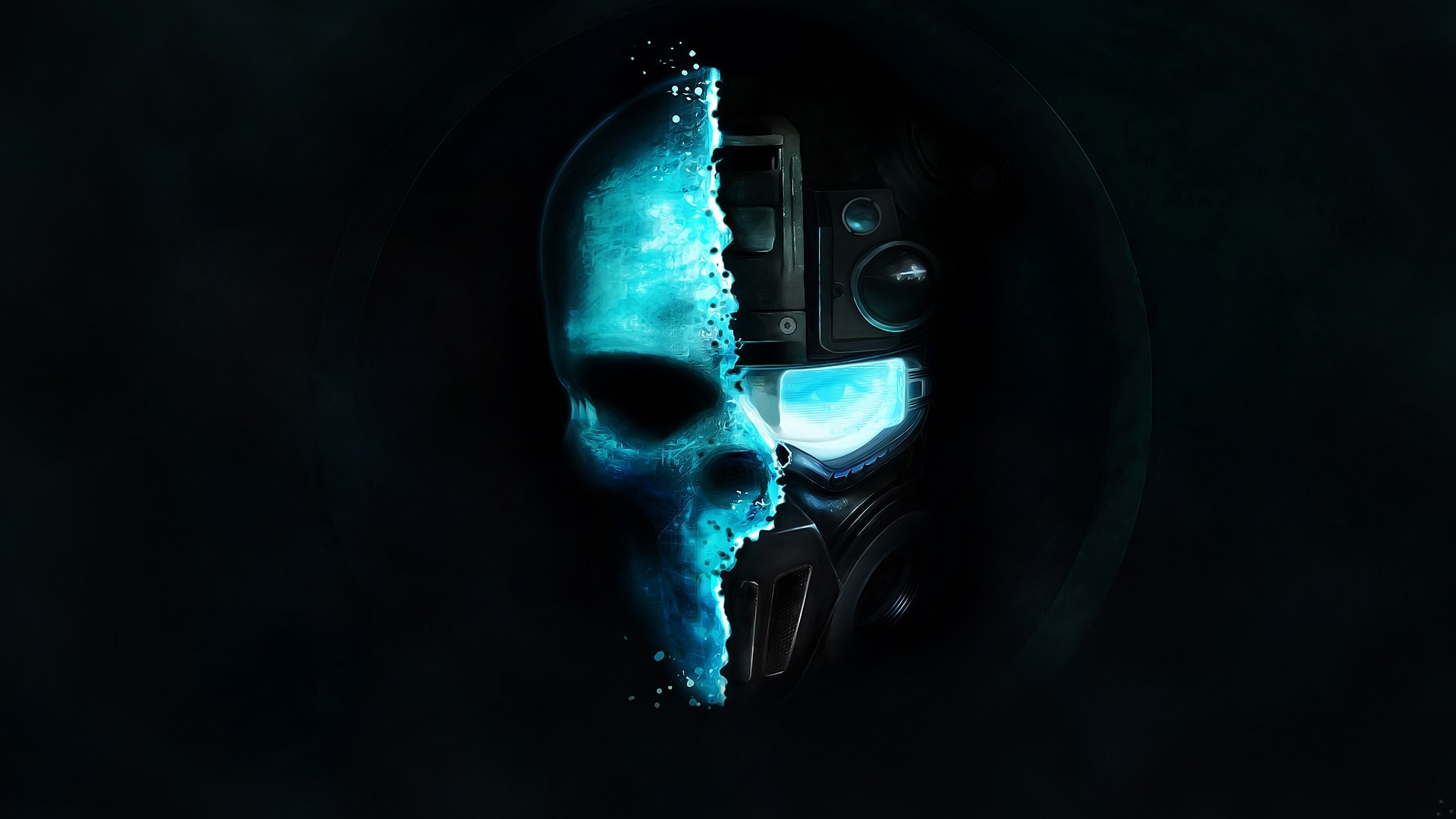 Half skull, half futuristic helmet with blue light HD Wallpaper