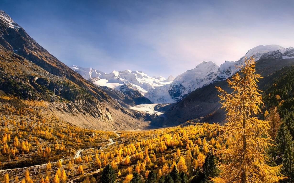 Autumn valley with snowy mountains and glacier HD Wallpaper