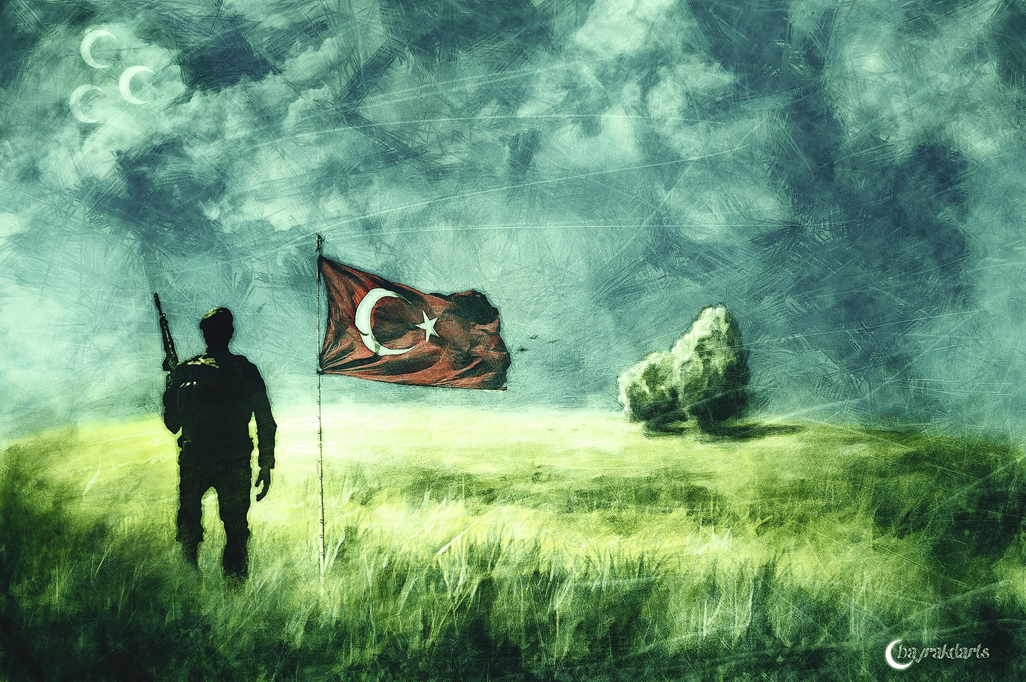 Soldier with Turkish flag in a field HD Wallpaper