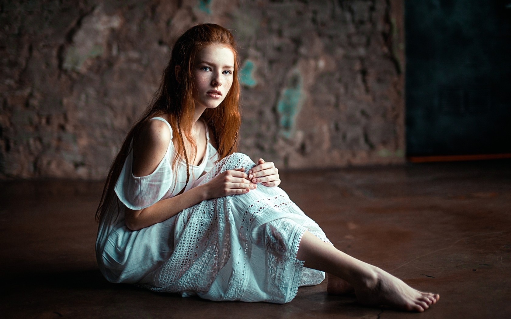 Redhead Woman Sitting in White Dress Portrait HD Wallpaper