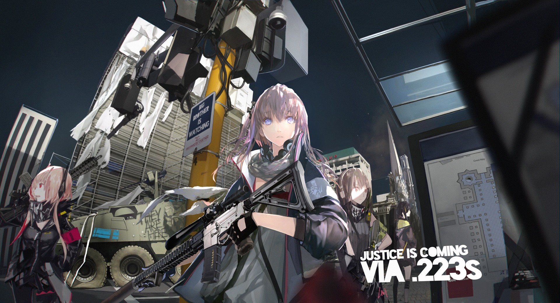 Anime girls with guns in a city HD Wallpaper
