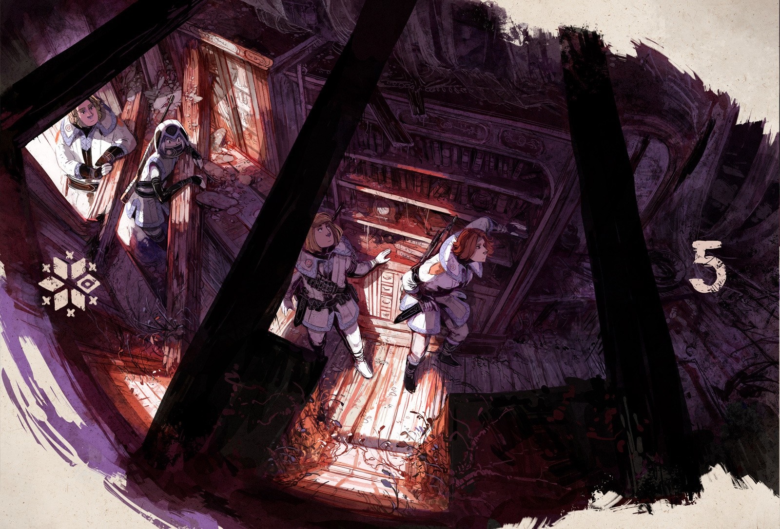 Characters from Stand Still, Stay Silent in a ruined interior HD Wallpaper