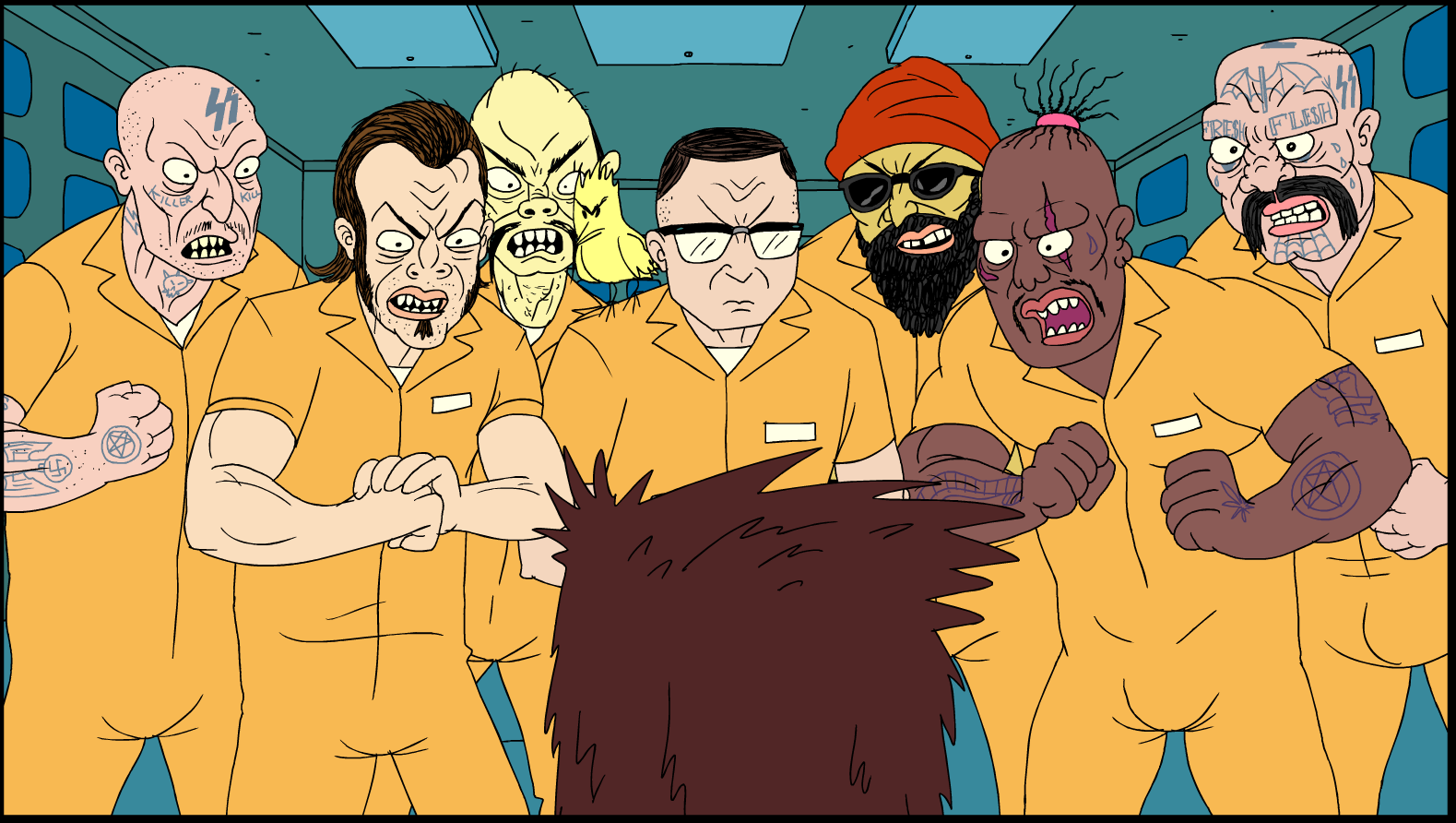 Superjail! screenshot of prisoners in orange jumpsuits HD Wallpaper