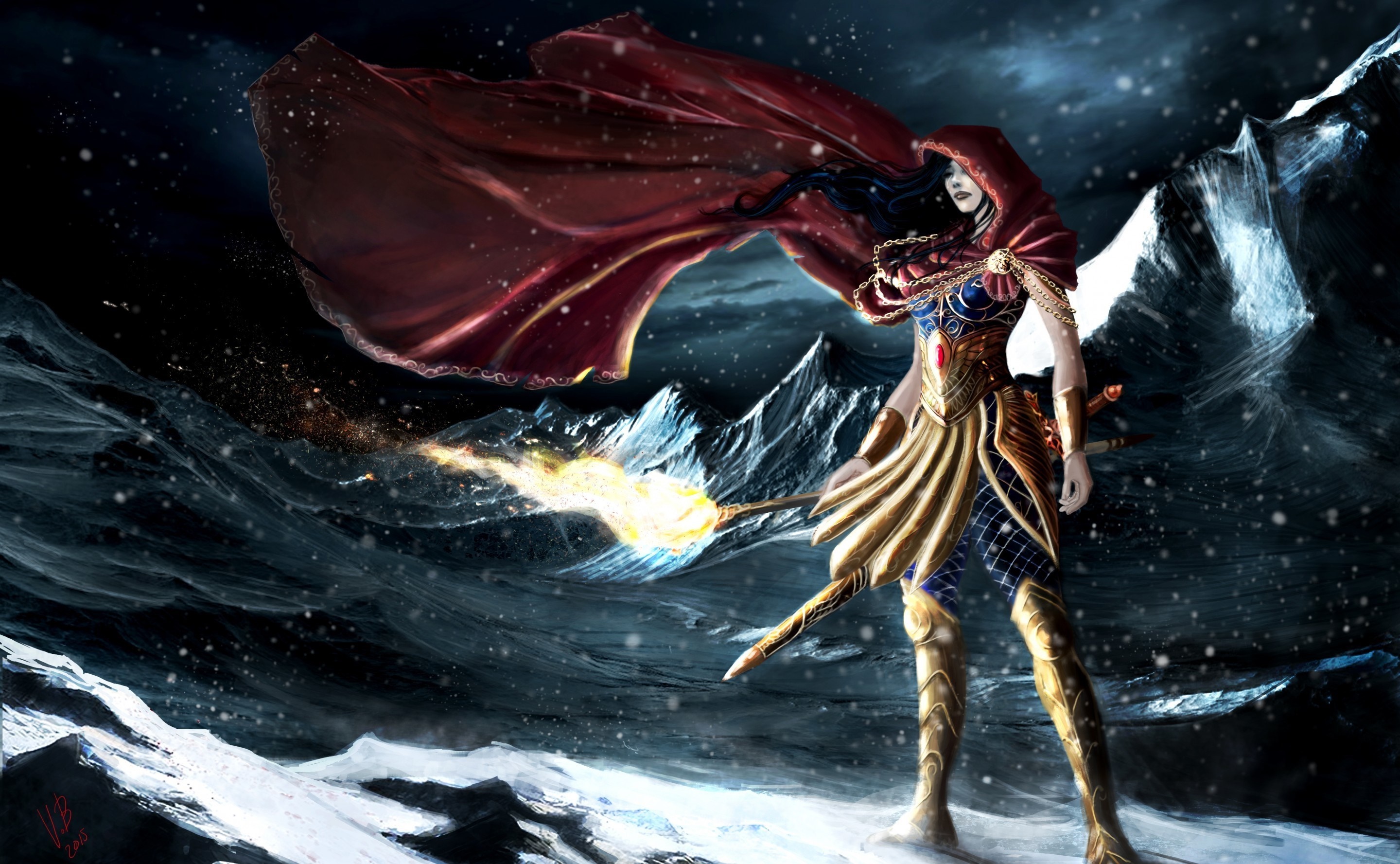 Fantasy woman with red cloak and magic staff in snowy mountains HD Wallpaper