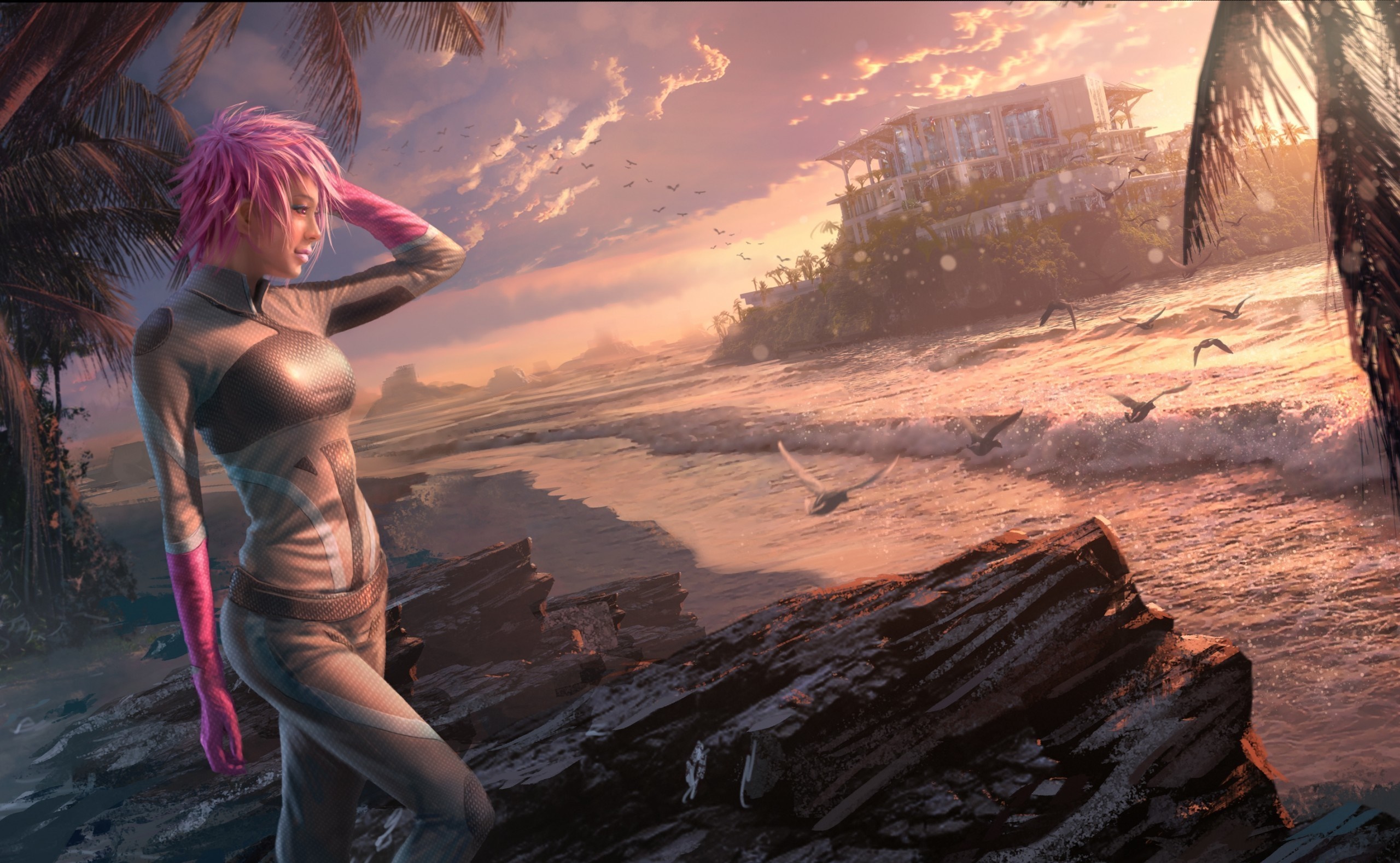 Woman in futuristic suit on rocky beach at sunset HD Wallpaper
