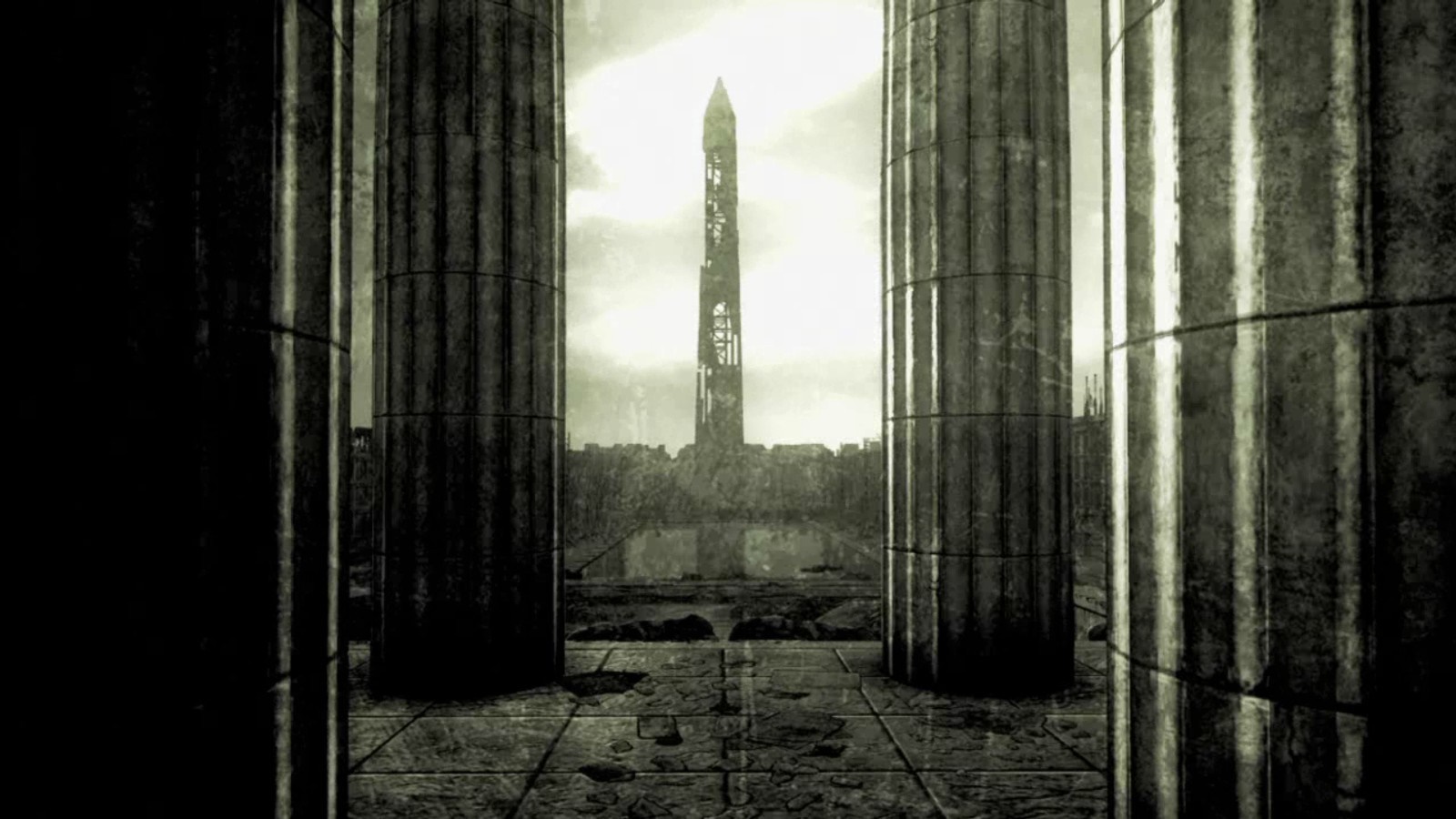Ruined Monument between Ancient Columns HD Wallpaper