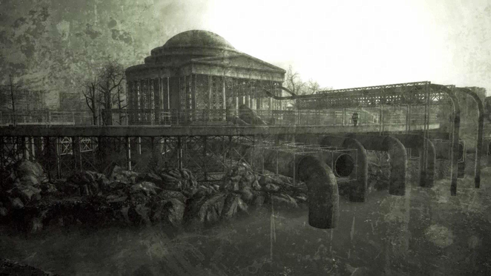 Ruined temple with large pipes in a monochrome setting HD Wallpaper