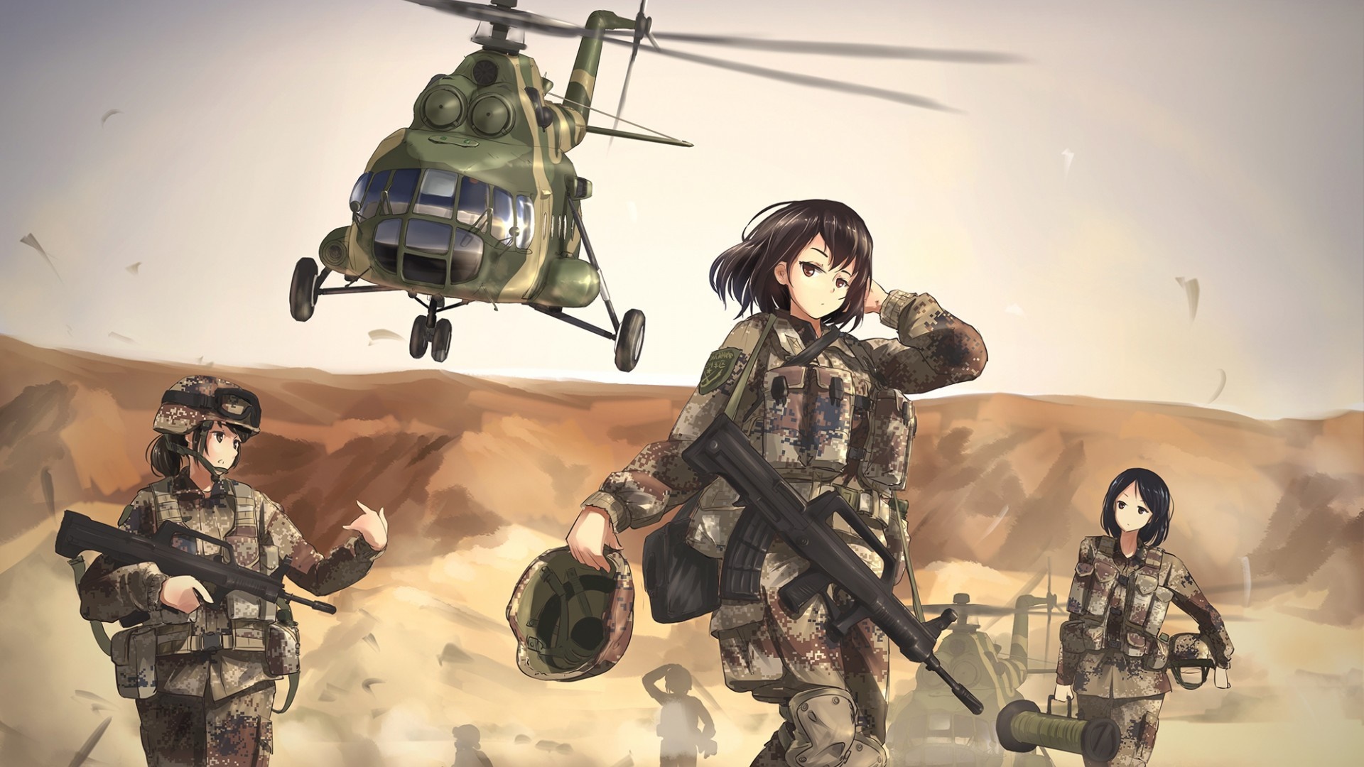Anime soldiers with helicopter in desert HD Wallpaper