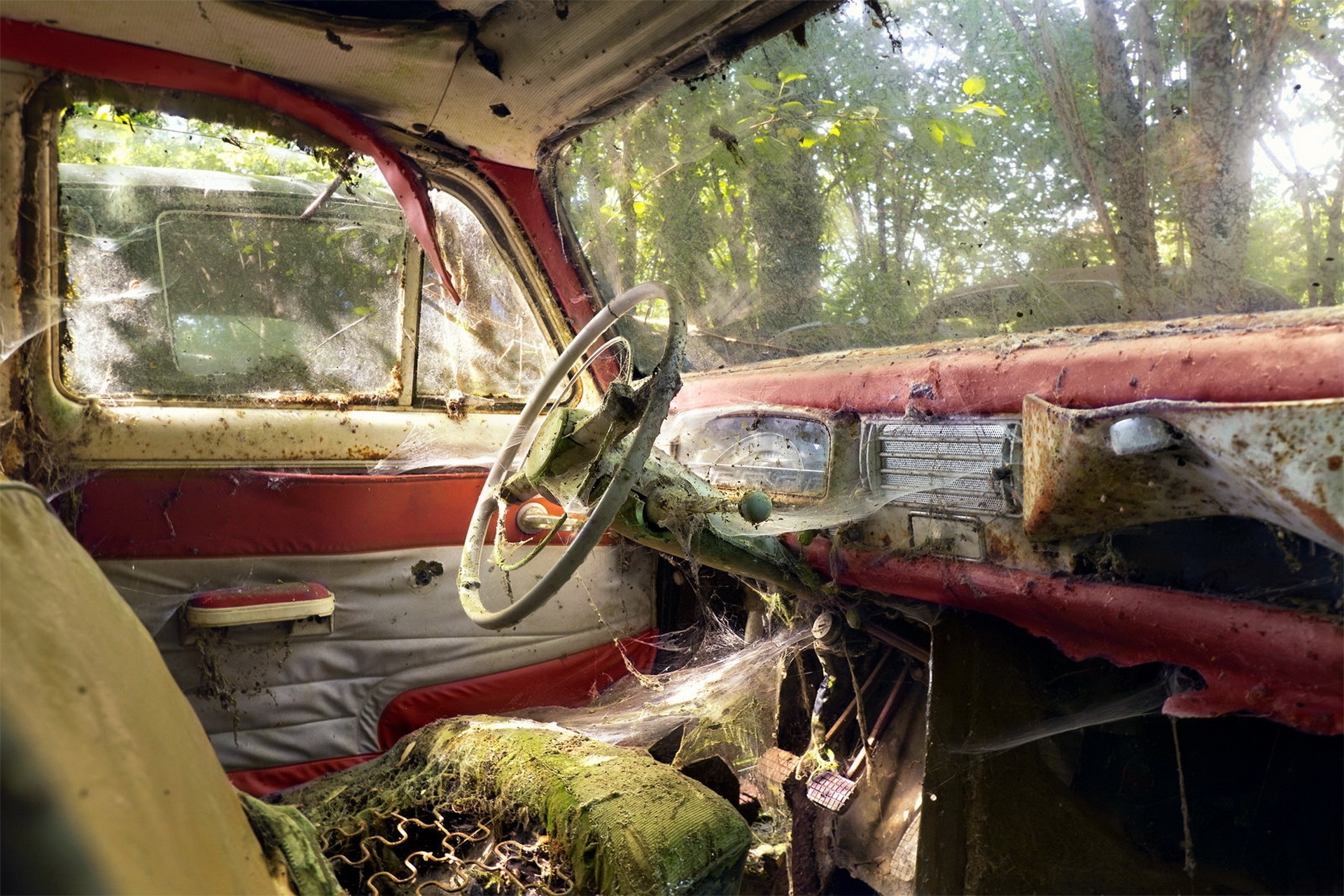 Interior of a rusty vintage car covered in cobwebs HD Wallpaper