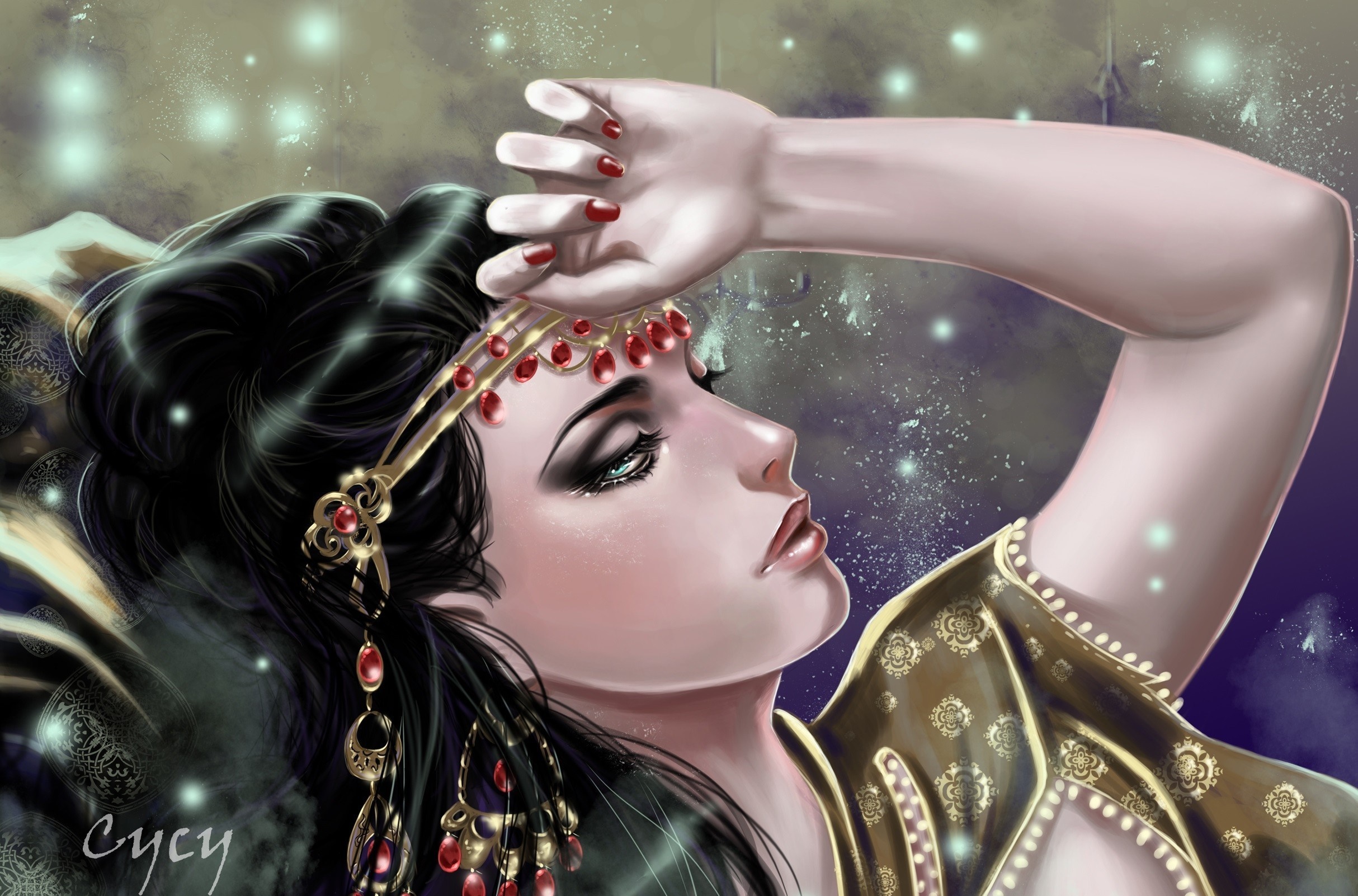 Fantasy art of a woman with ornate jewelry HD Wallpaper