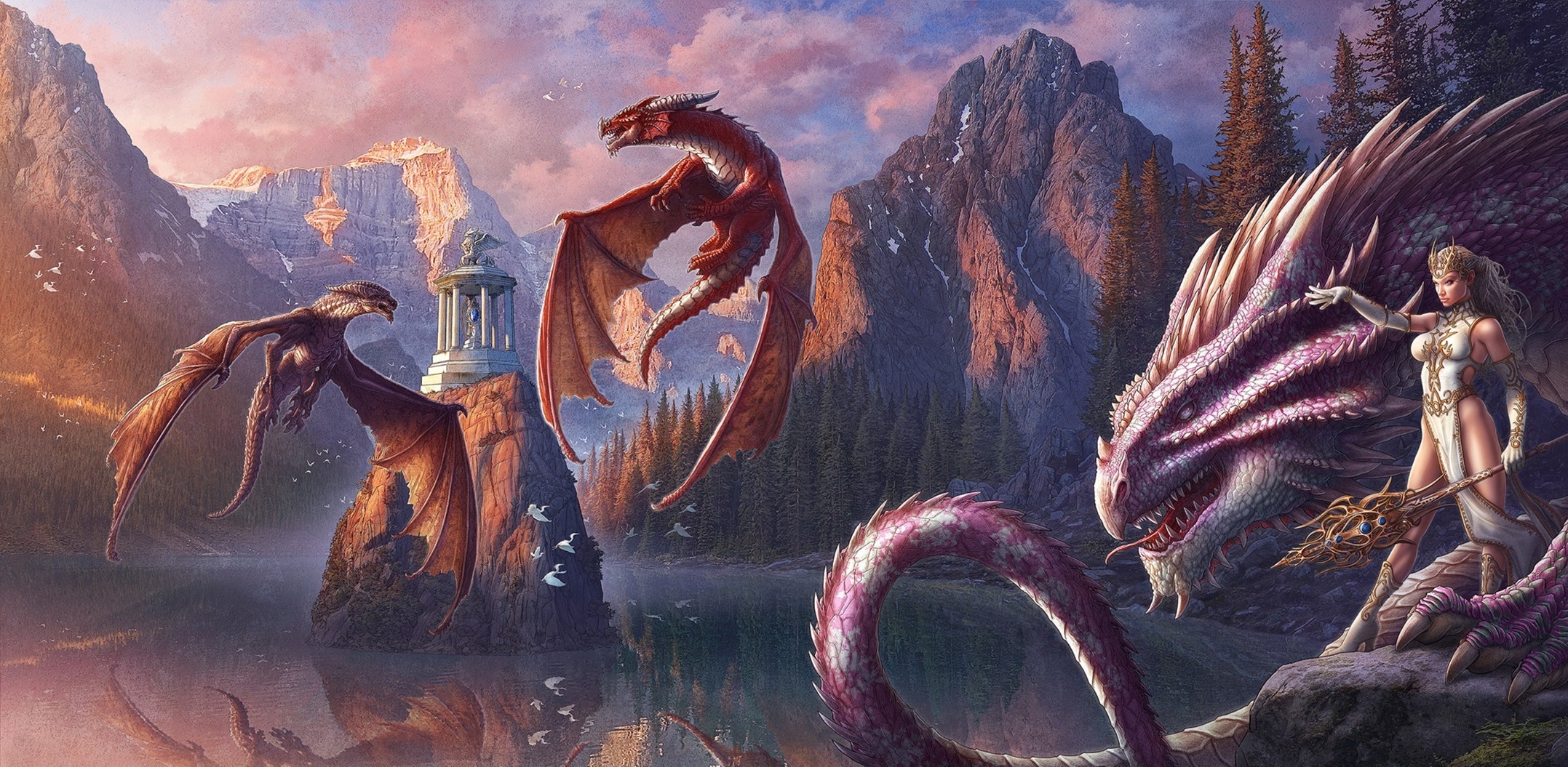 Fantasy art of dragons and a woman in a mountain landscape HD Wallpaper