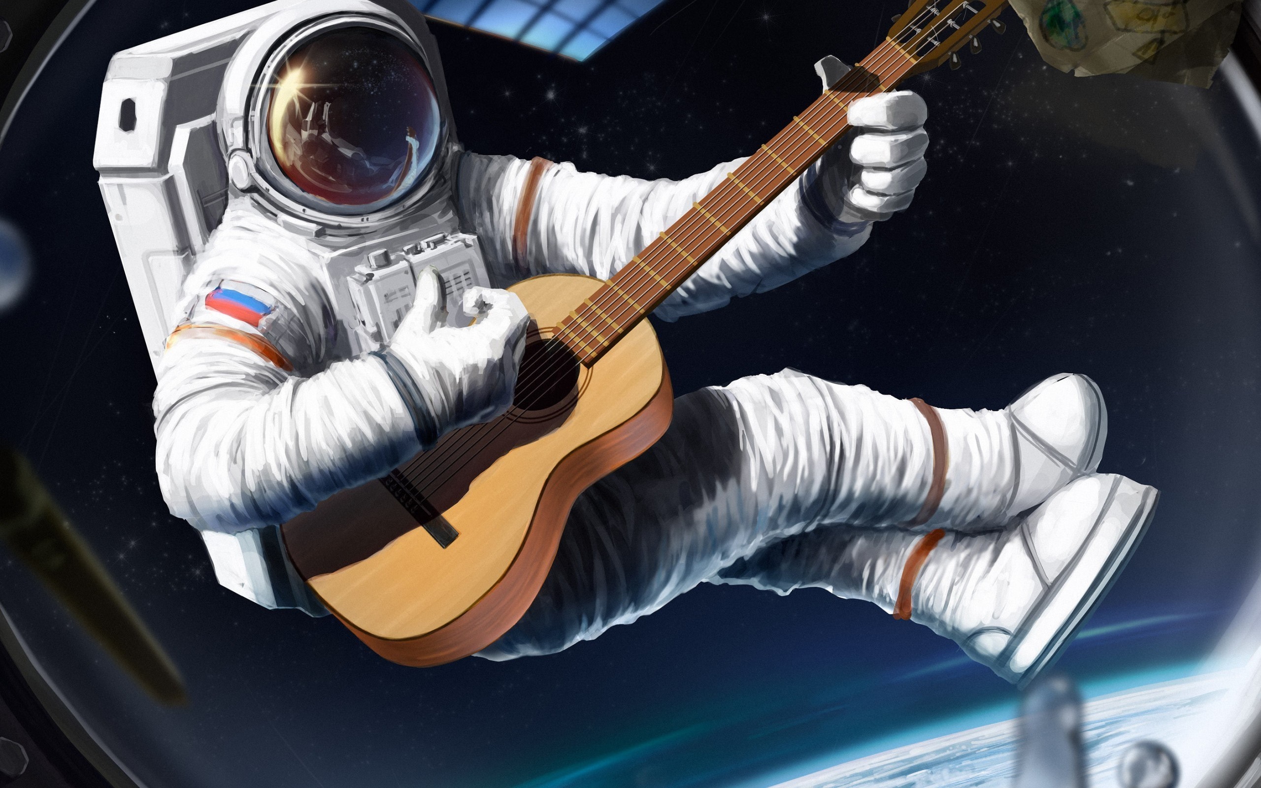 Astronaut playing guitar in space HD Wallpaper
