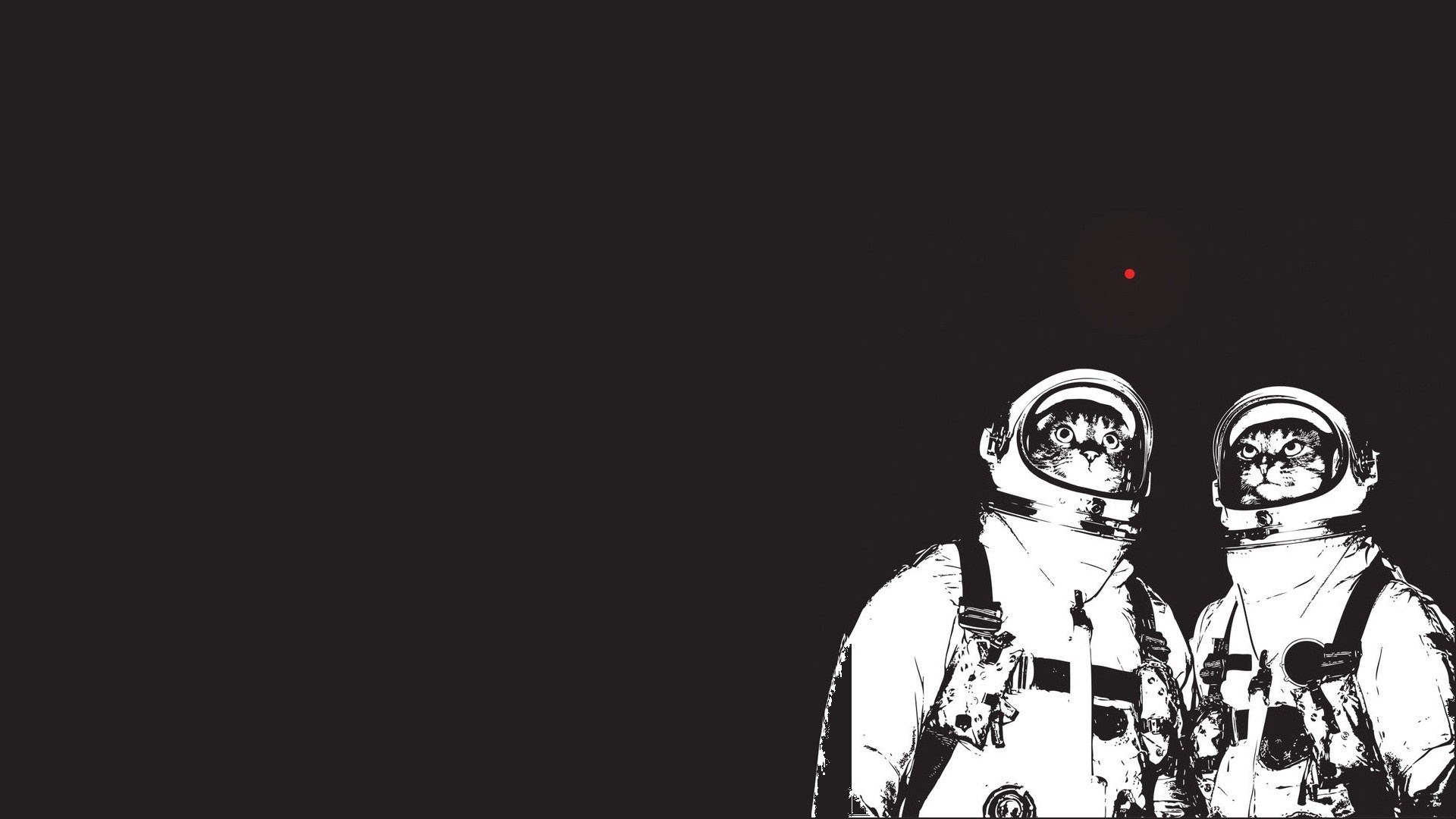 Two cats in astronaut suits looking at a red dot HD Wallpaper