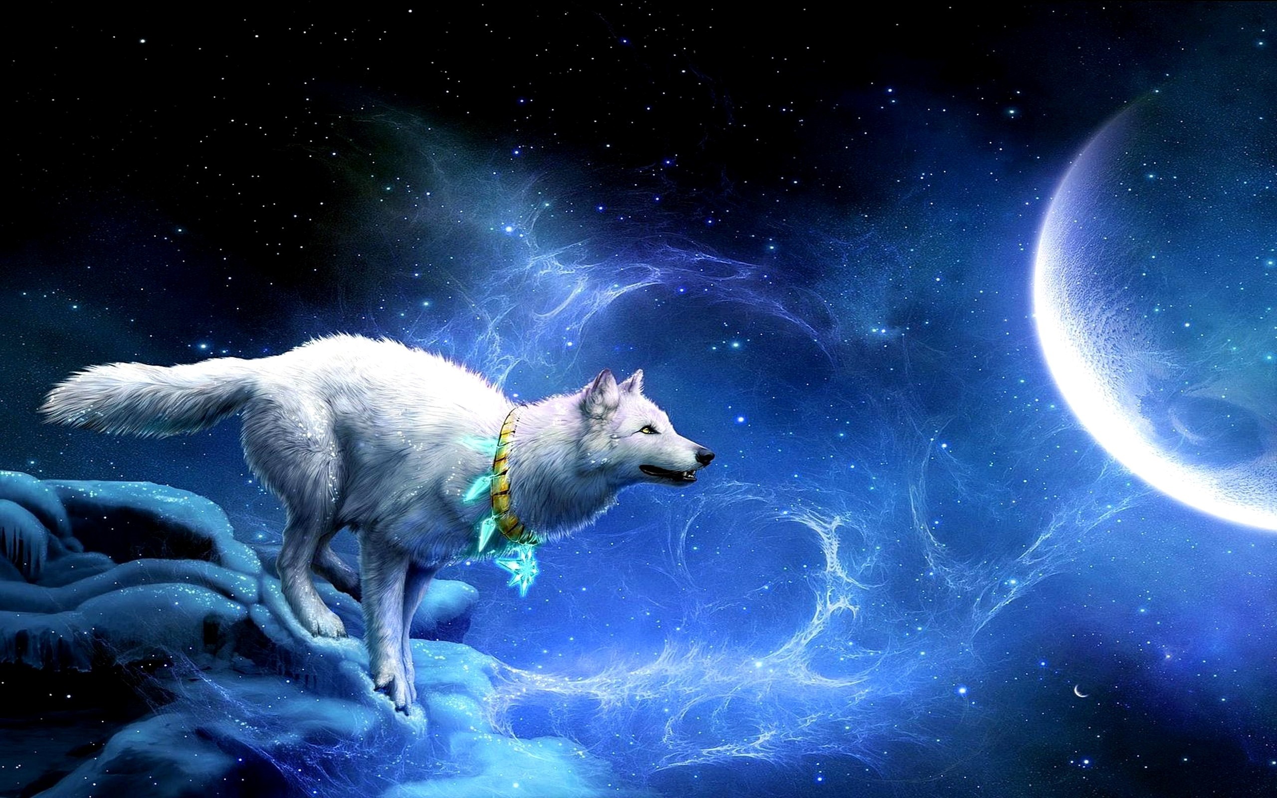 White wolf in space with a planet HD Wallpaper