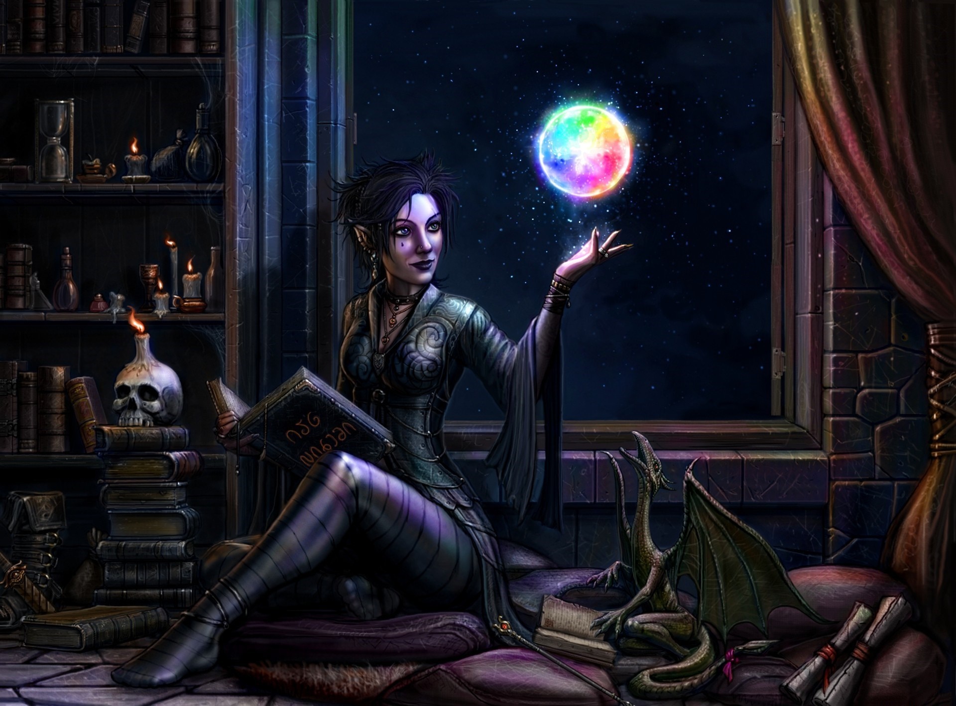 Fantasy art of a female magician with a dragon HD Wallpaper