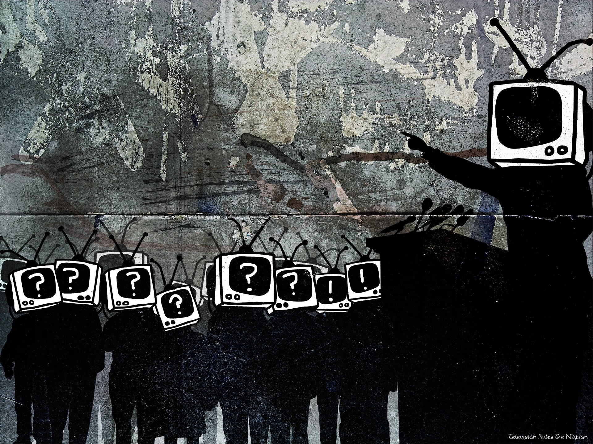 People with TV heads in front of a speaker HD Wallpaper