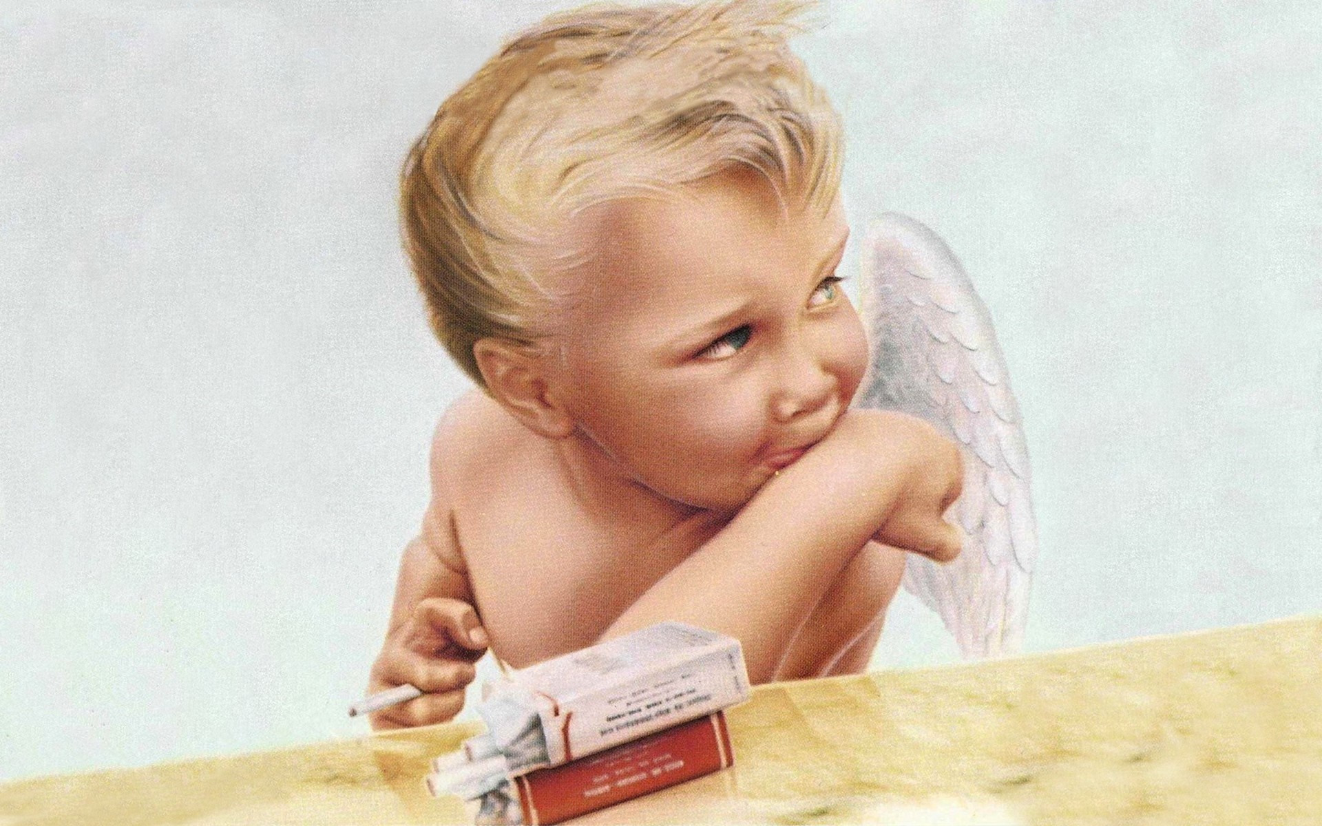 Cherub with cigarettes and pack of cigarettes HD Wallpaper