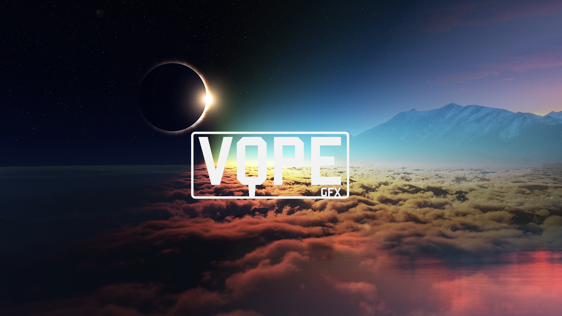 Eclipse over clouds with mountains and VOPE GFX logo HD Wallpaper