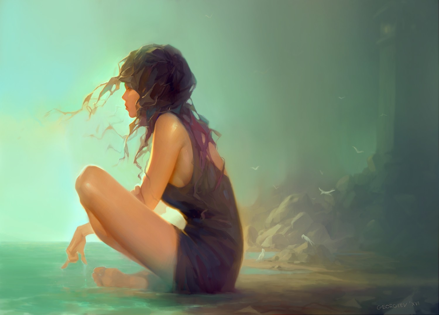 Woman sitting by the water with birds flying HD Wallpaper