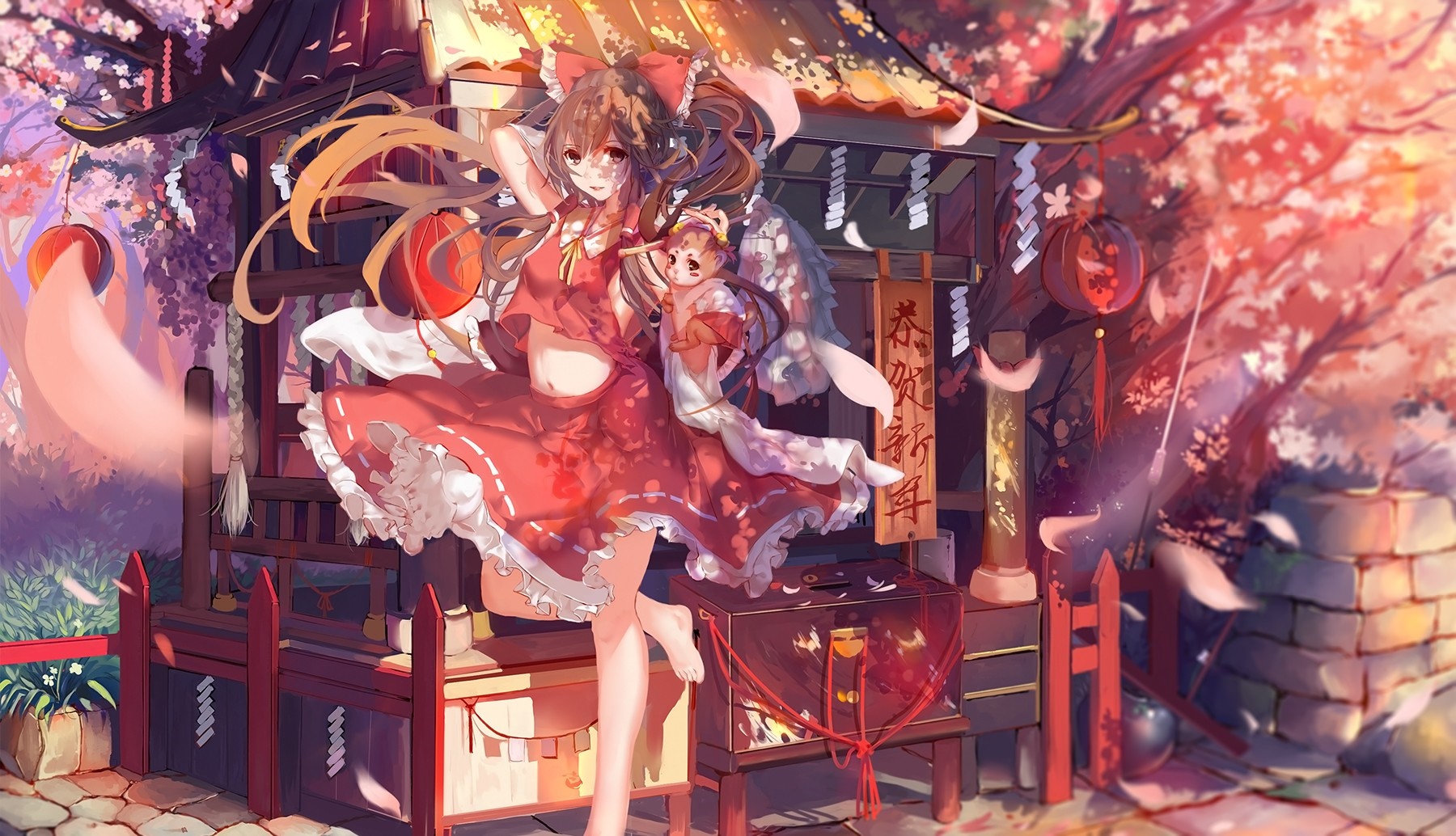 Hakurei Reimu from Touhou with a small creature HD Wallpaper