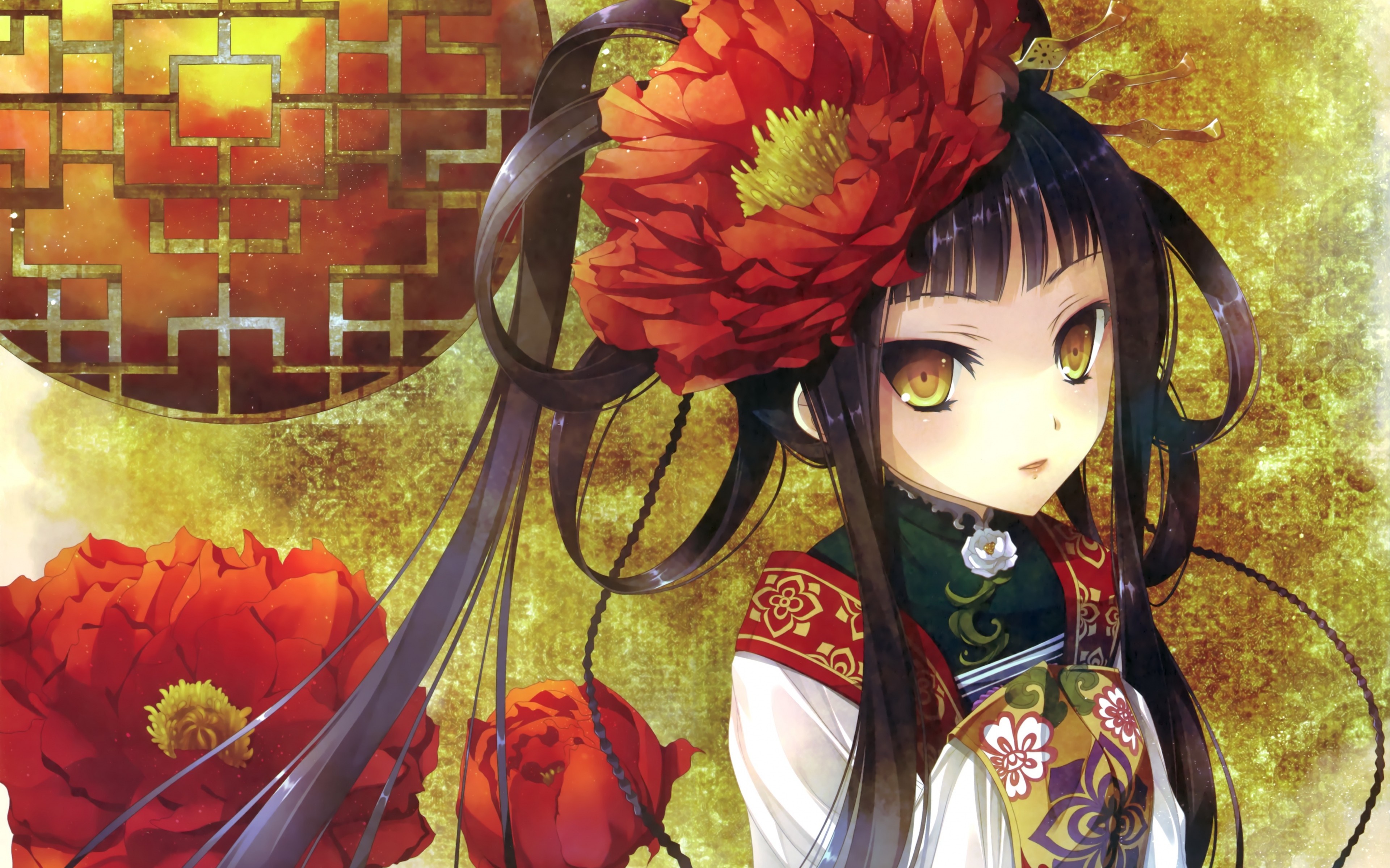 Anime girl with red flower in hair and kimono HD Wallpaper