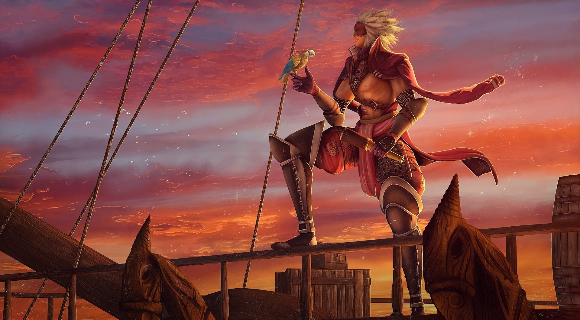 Fantasy pirate with parrot on a ship at sunset HD Wallpaper