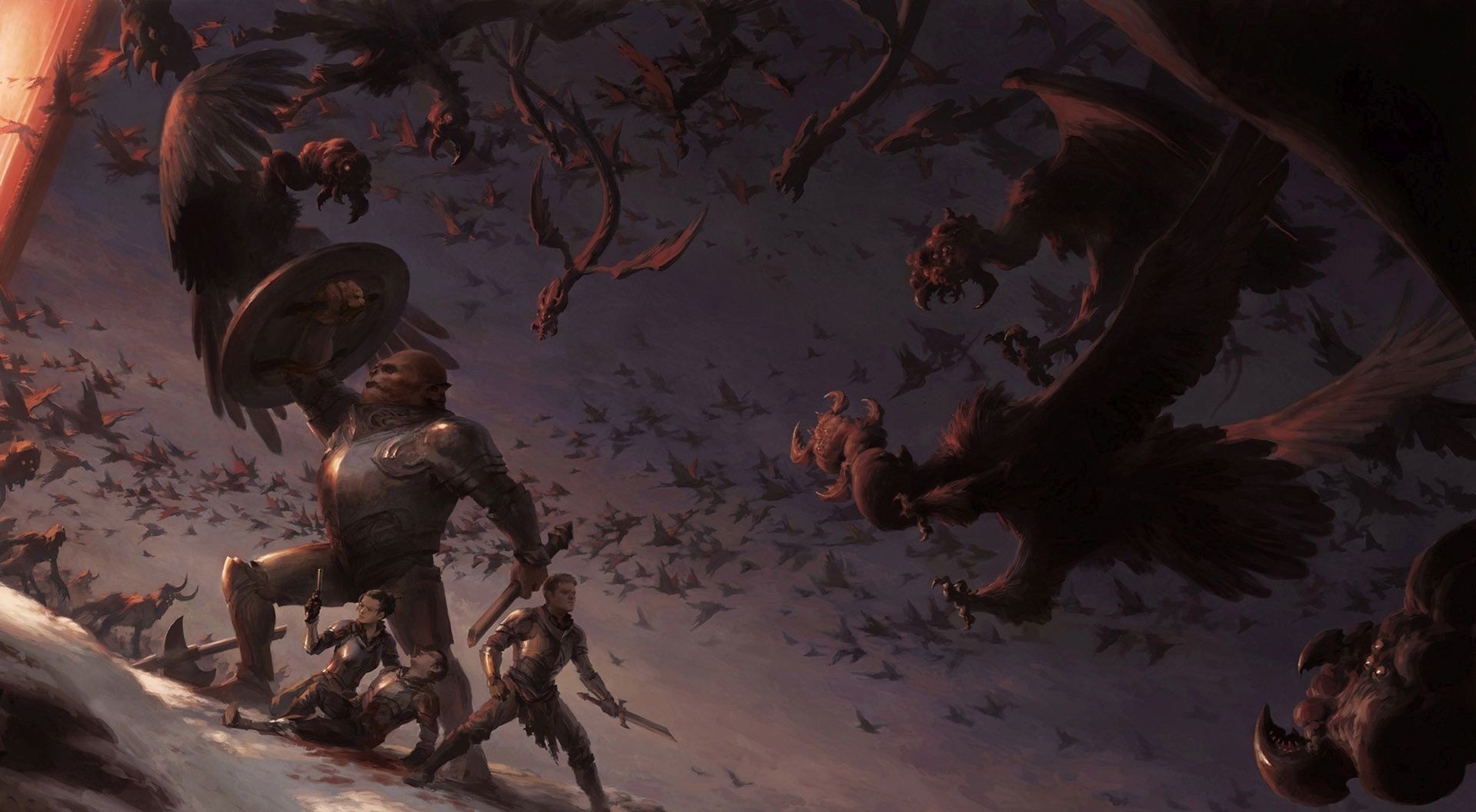 Warriors fighting a swarm of winged creatures HD Wallpaper
