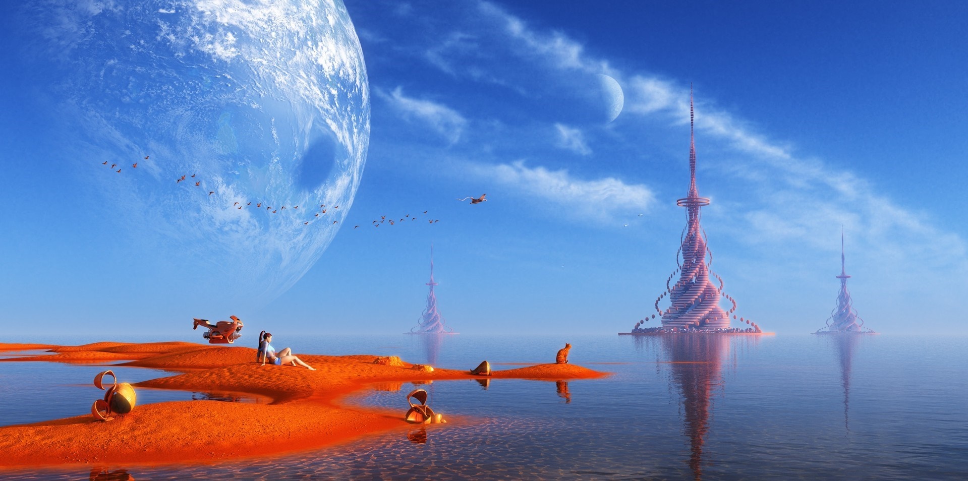 Fantasy landscape with futuristic towers and a large planet HD Wallpaper