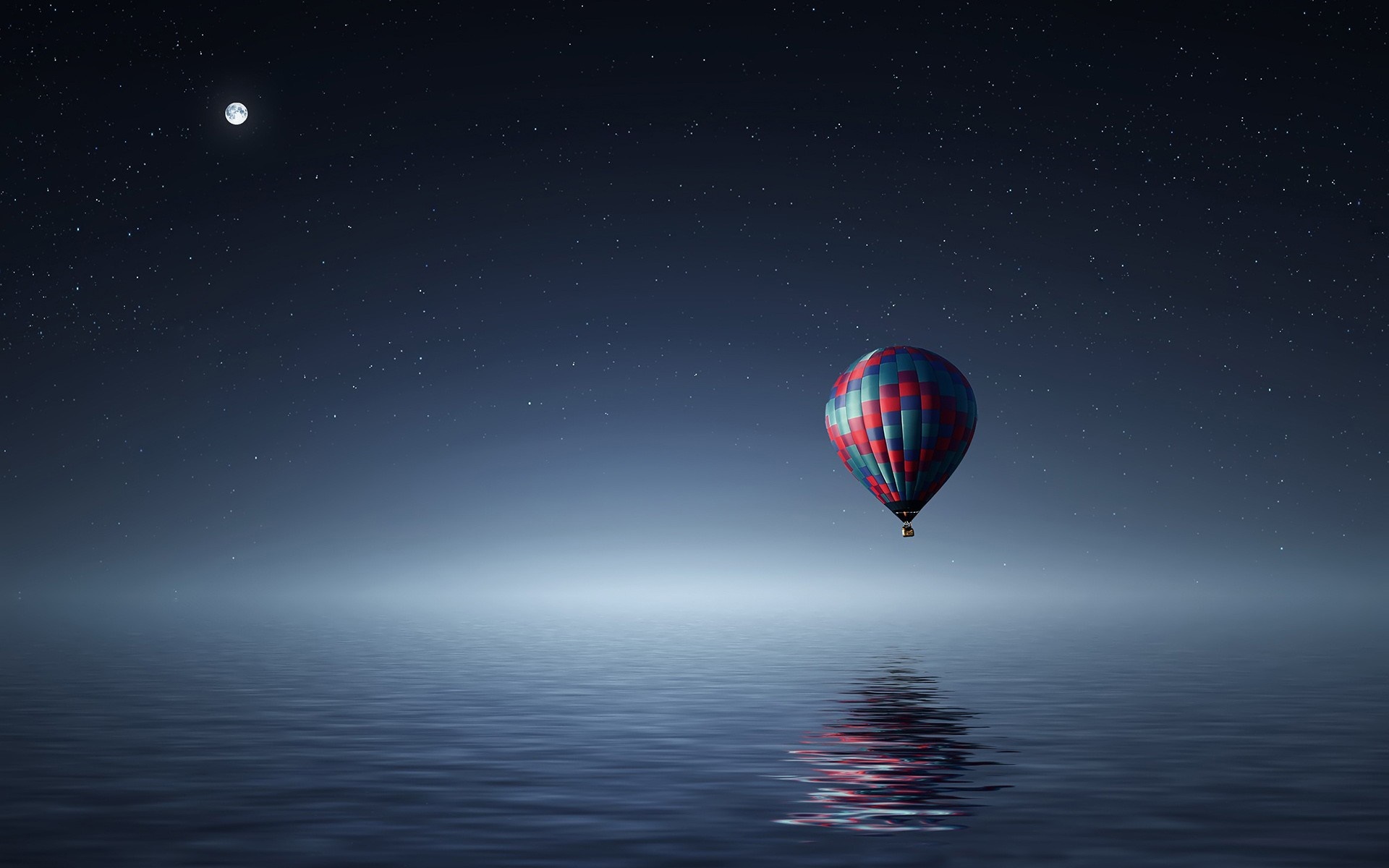 Hot air balloon over water at night with moon and stars HD Wallpaper