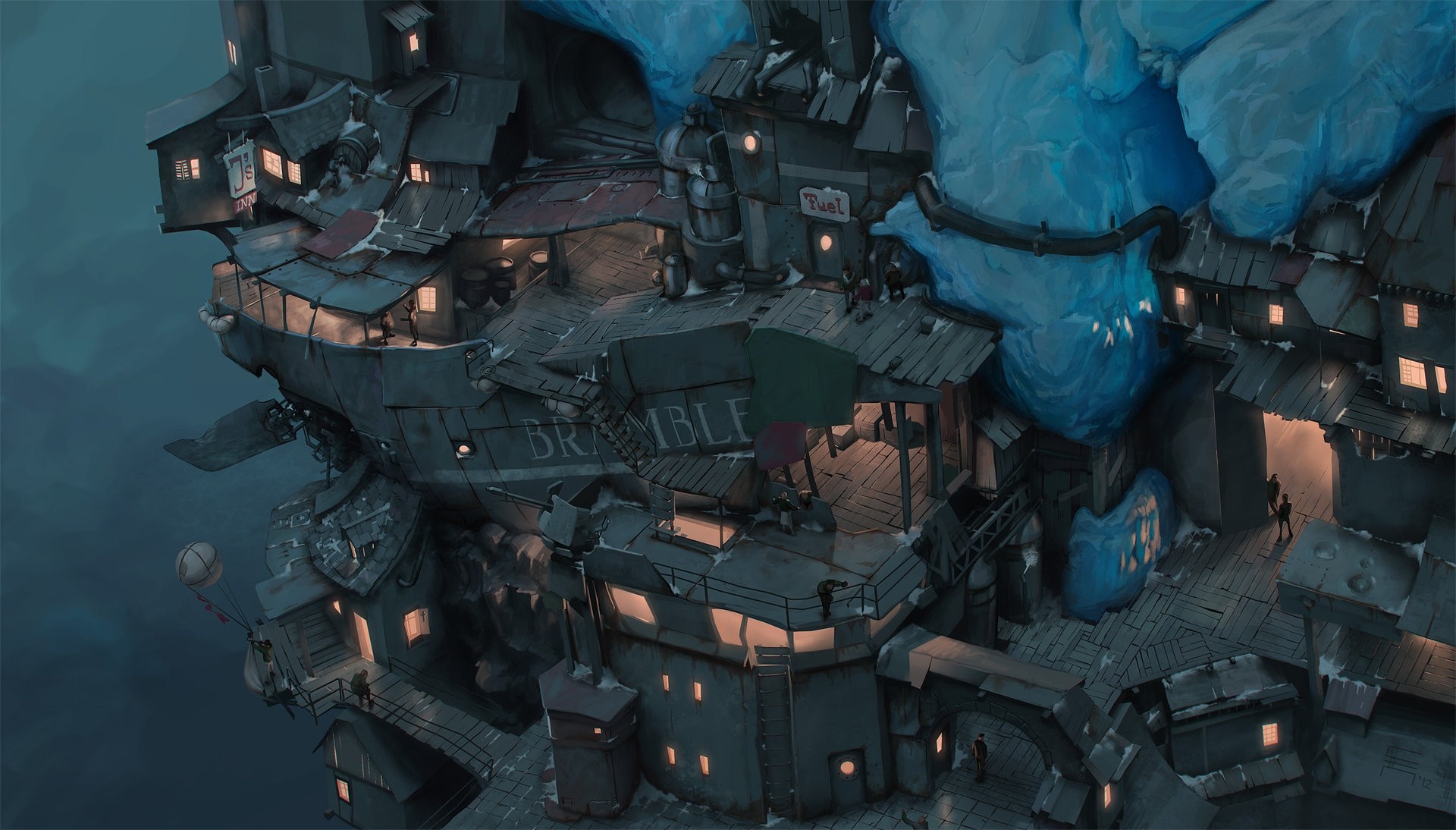 Artwork of a steampunk city built on a cliff HD Wallpaper