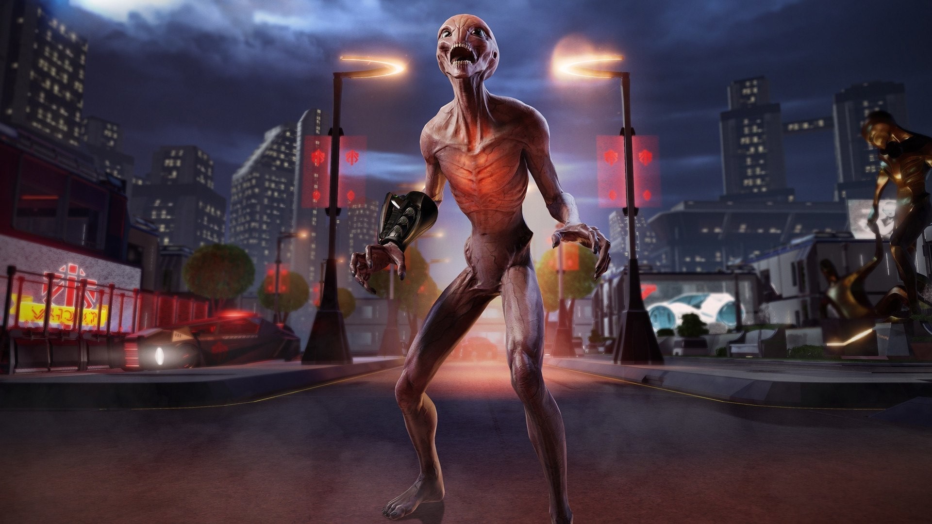 Alien from XCOM 2 in a city at night HD Wallpaper