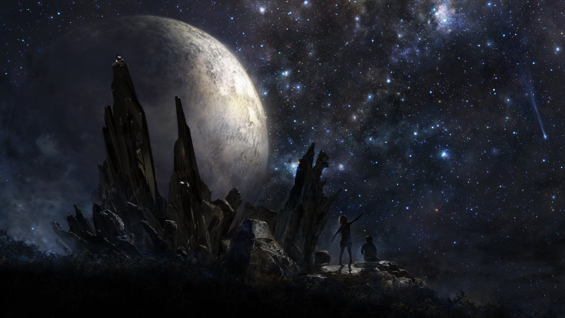 Two figures on a rocky planet under a starry sky with a large moon HD Wallpaper