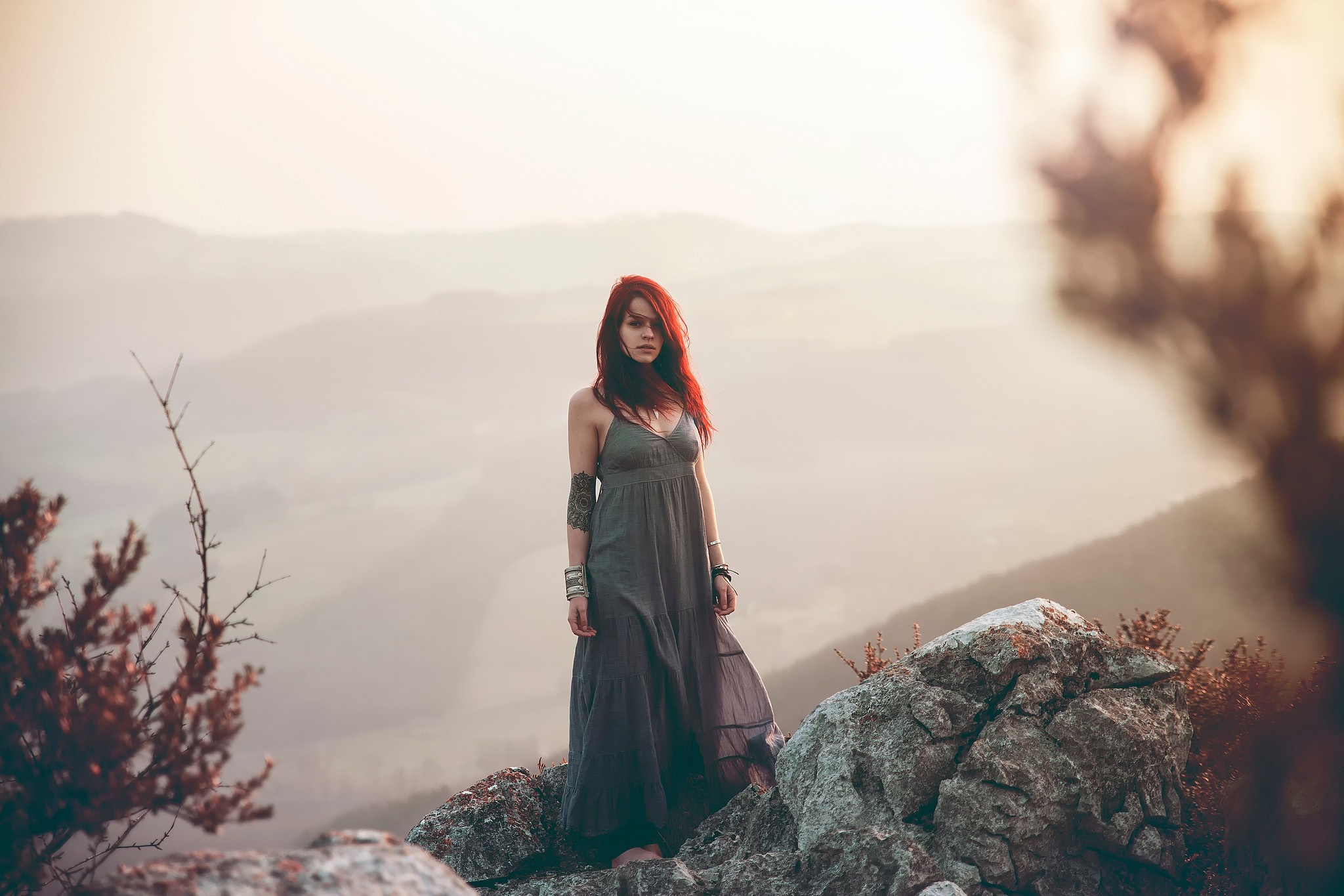 Woman in a dress on a mountain HD Wallpaper